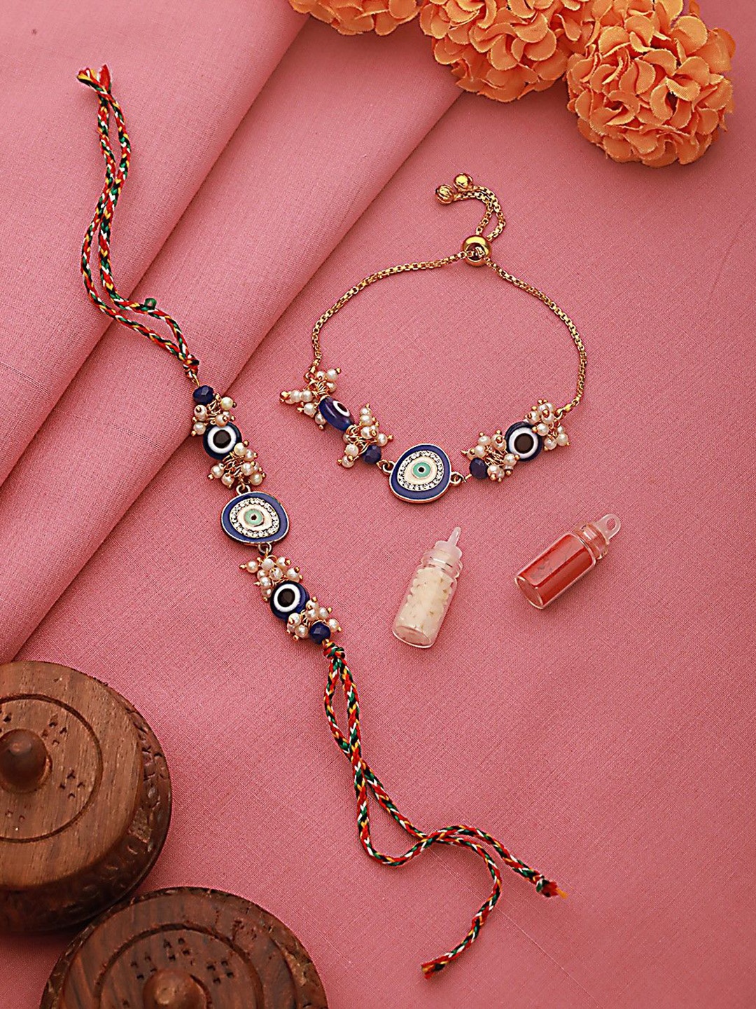 

Jazz and Sizzle Evil Eye & Mogra Beaded Bhaiya Bhabhi Rakhi With Roli & Chawal, Blue