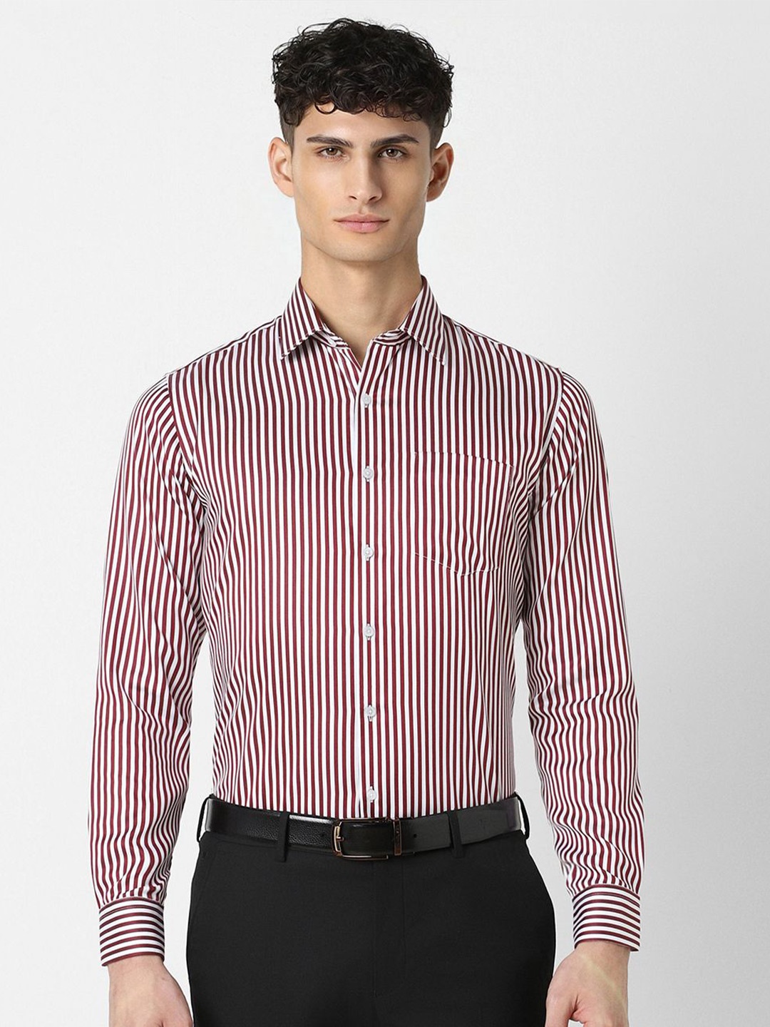 

Van Heusen Men Opaque Striped Spread Collar Formal Pure Cotton Shirt, Maroon