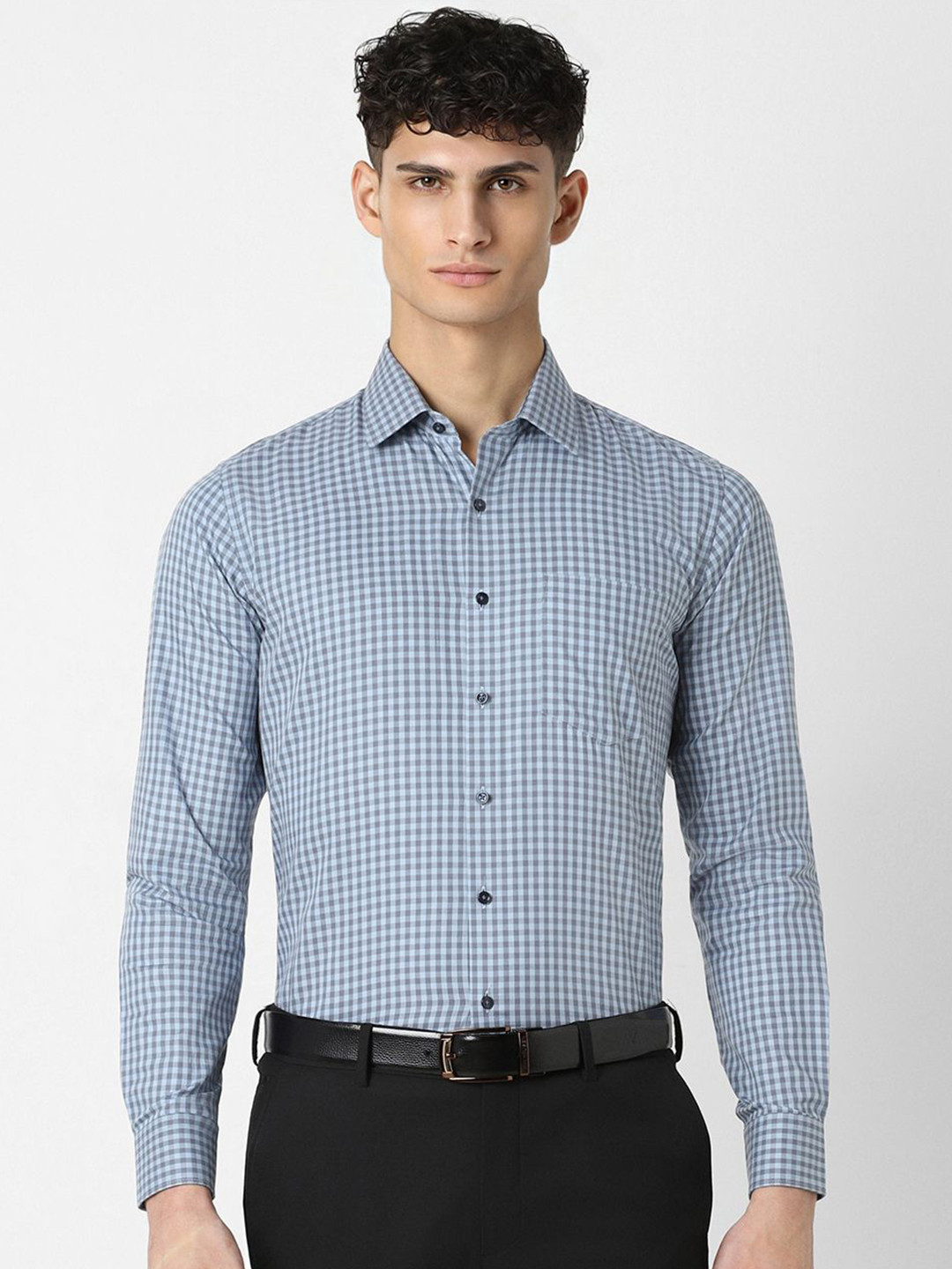 

Van Heusen Men Opaque Checked Spread Collar Formal Pure Cotton Shirt, Blue