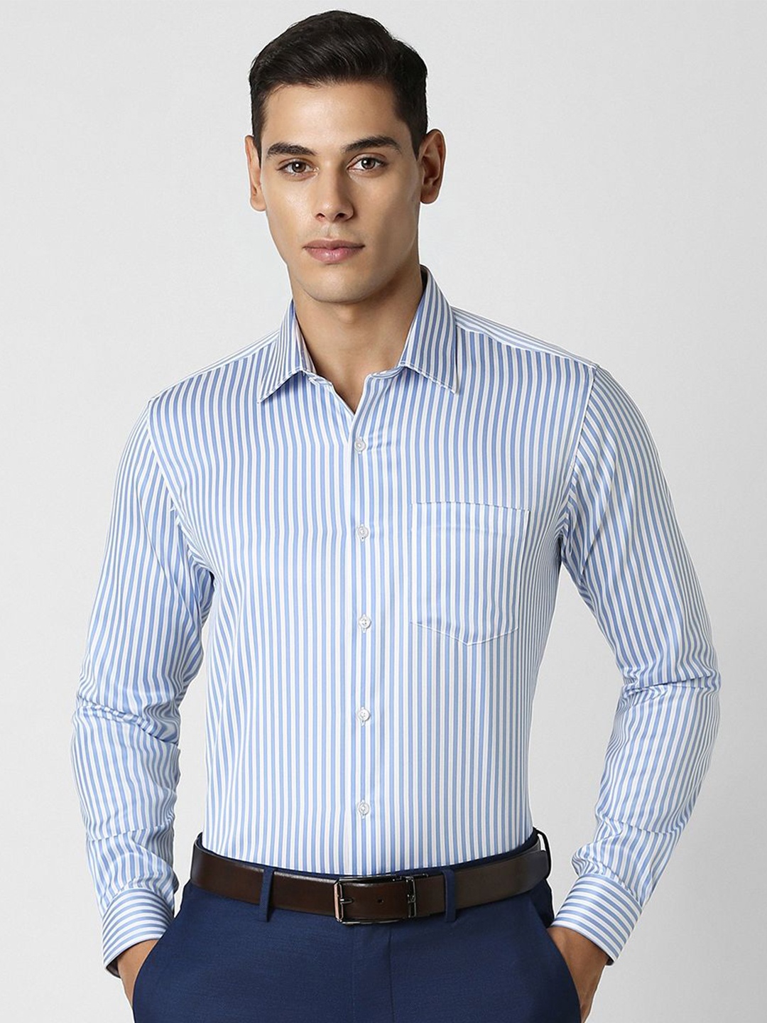 

Van Heusen Men Opaque Striped Spread Collar Formal Pure Cotton Shirt, Blue