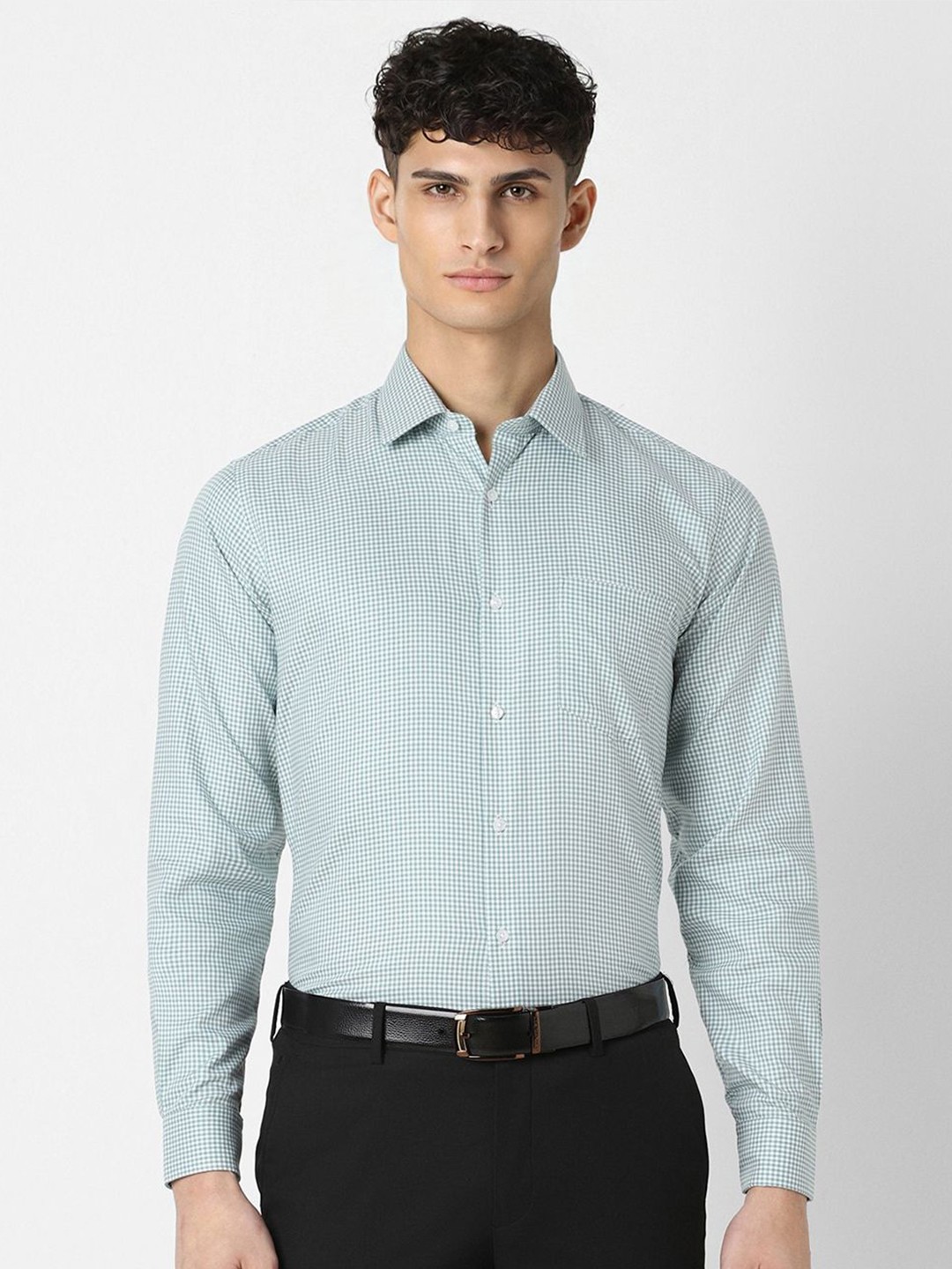 

Van Heusen Men Opaque Checked Spread Collar Formal Pure Cotton Shirt, Green