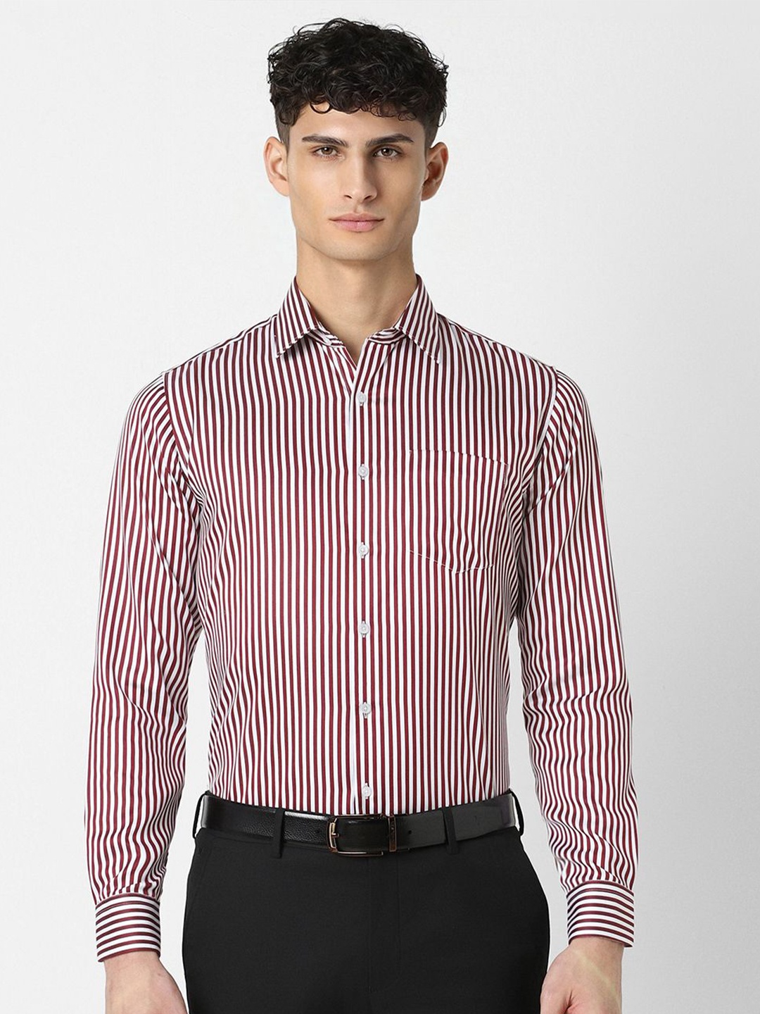 

Van Heusen Men Striped Slim Fit Pure Cotton Formal Shirt, Maroon