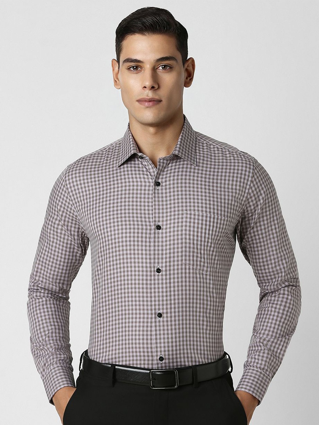 

Van Heusen Men Opaque Checked Spread Collar Formal Pure Cotton Shirt, Grey