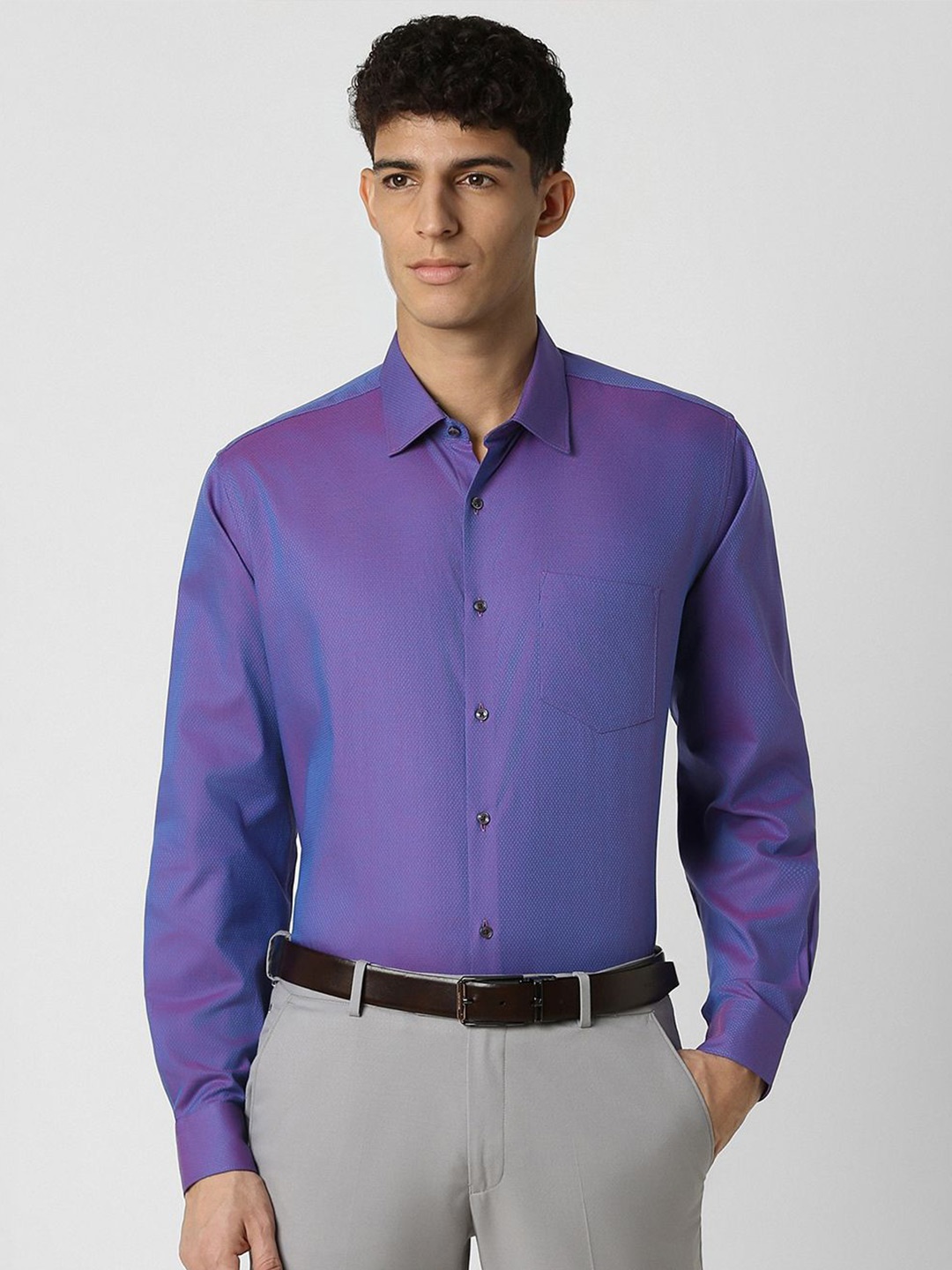 

Van Heusen Men Opaque Textured Spread Collar Party Pure Cotton Shirt, Purple