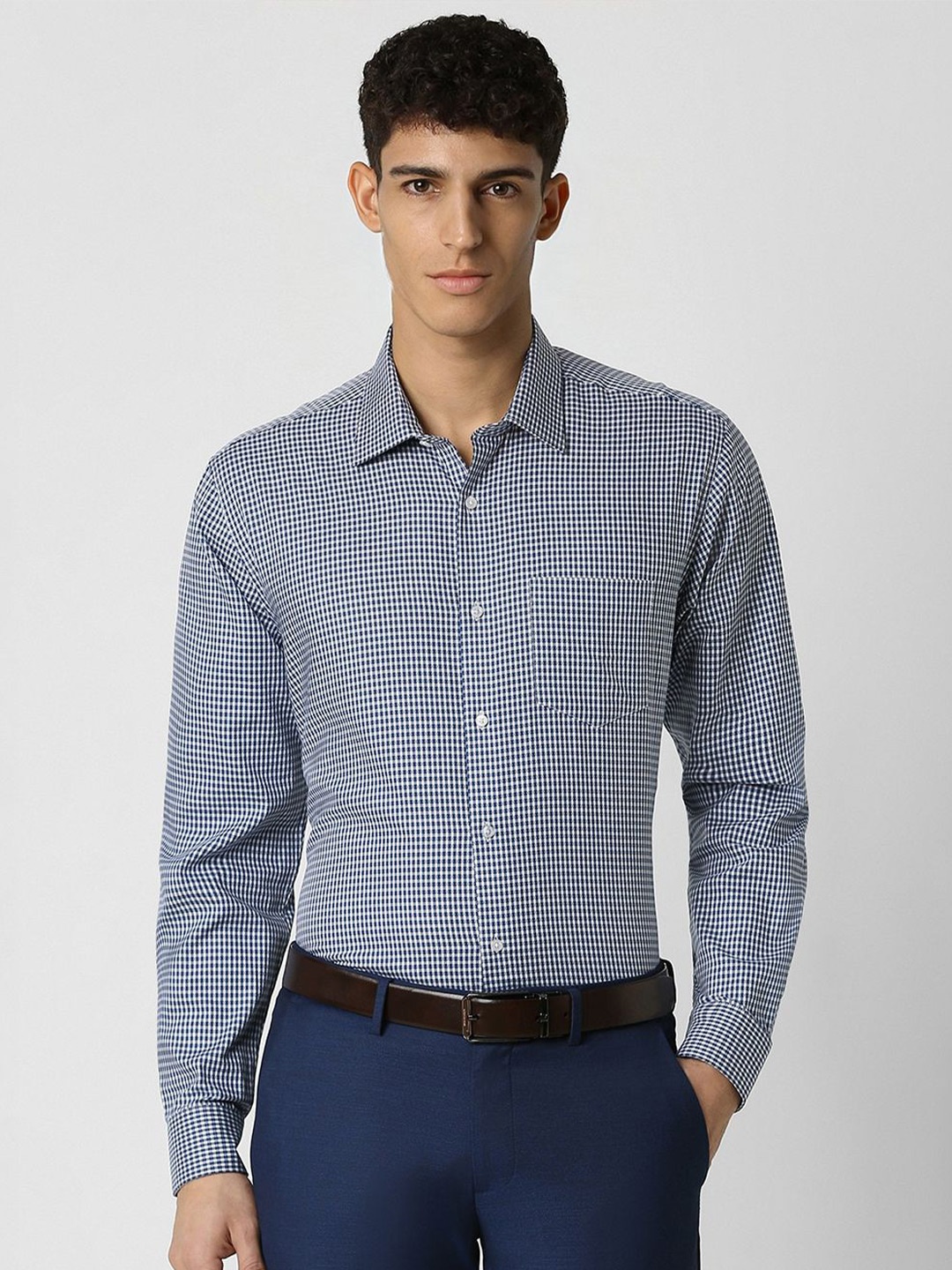 

Van Heusen Men Opaque Checked Spread Collar Party Pure Cotton Shirt, Blue