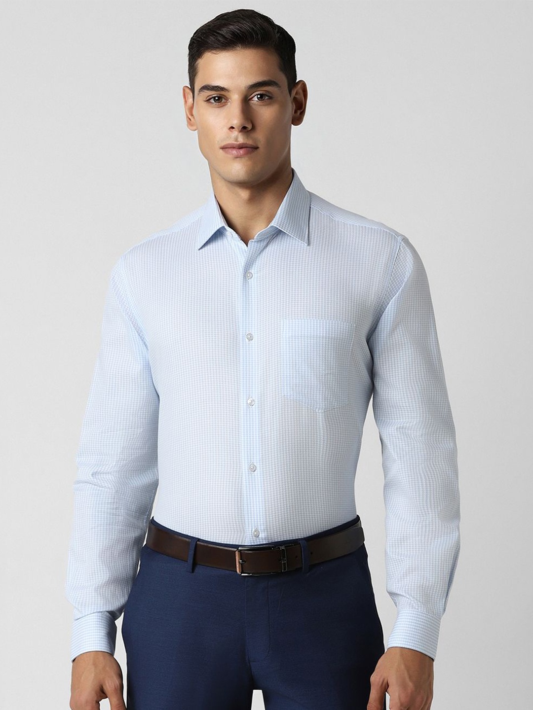 

Van Heusen Men Opaque Checked Spread Collar Party Pure Cotton Shirt, Blue