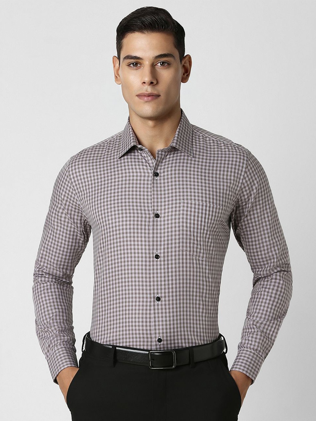 

Van Heusen Men Opaque Checked Spread Collar Formal Pure Cotton Shirt, Grey