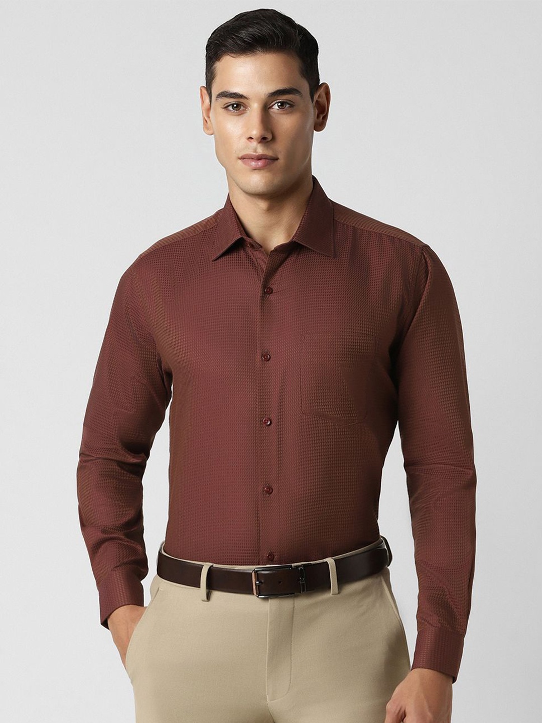 

Van Heusen Men Textured Pure Cotton Casual Shirt, Brown