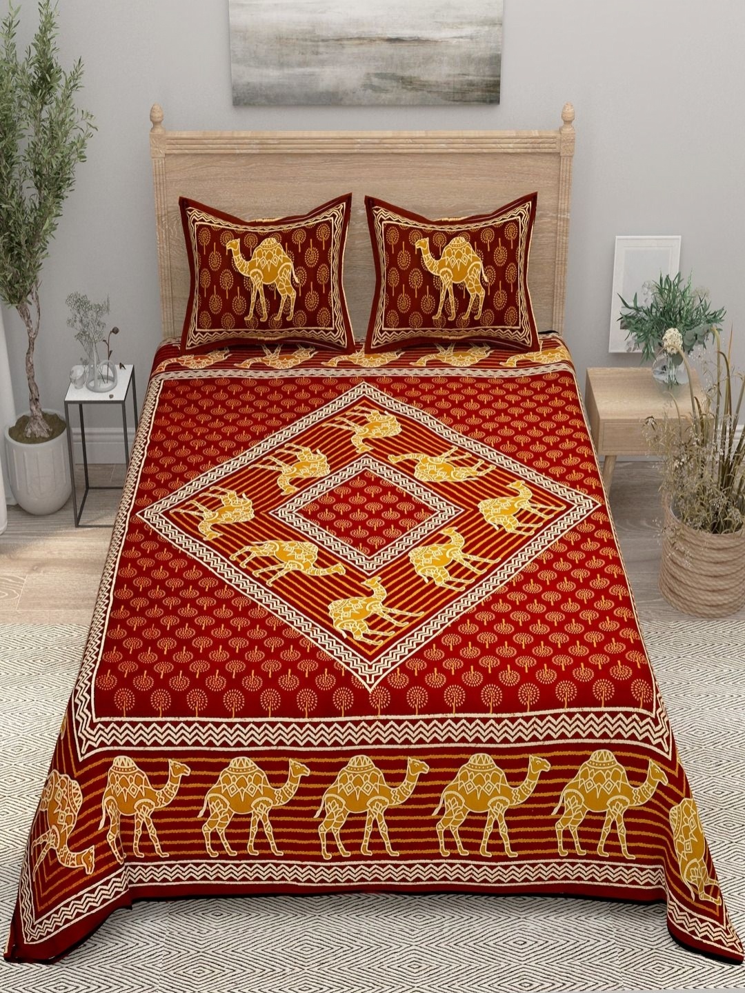 

Aura Maroon Ethnic Motifs Printed 144 TC Pure Cototn King Bedsheet & 2 Pillow Covers