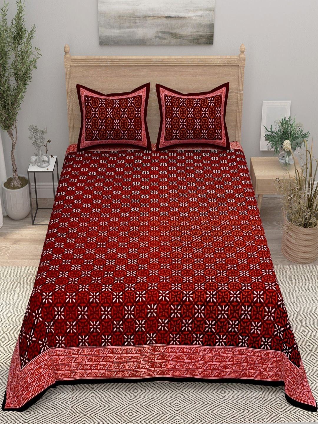 

Aura Maroon & Black Floral Printed 144 TC Pure Cototn King Bedsheet & 2 Pillow Covers