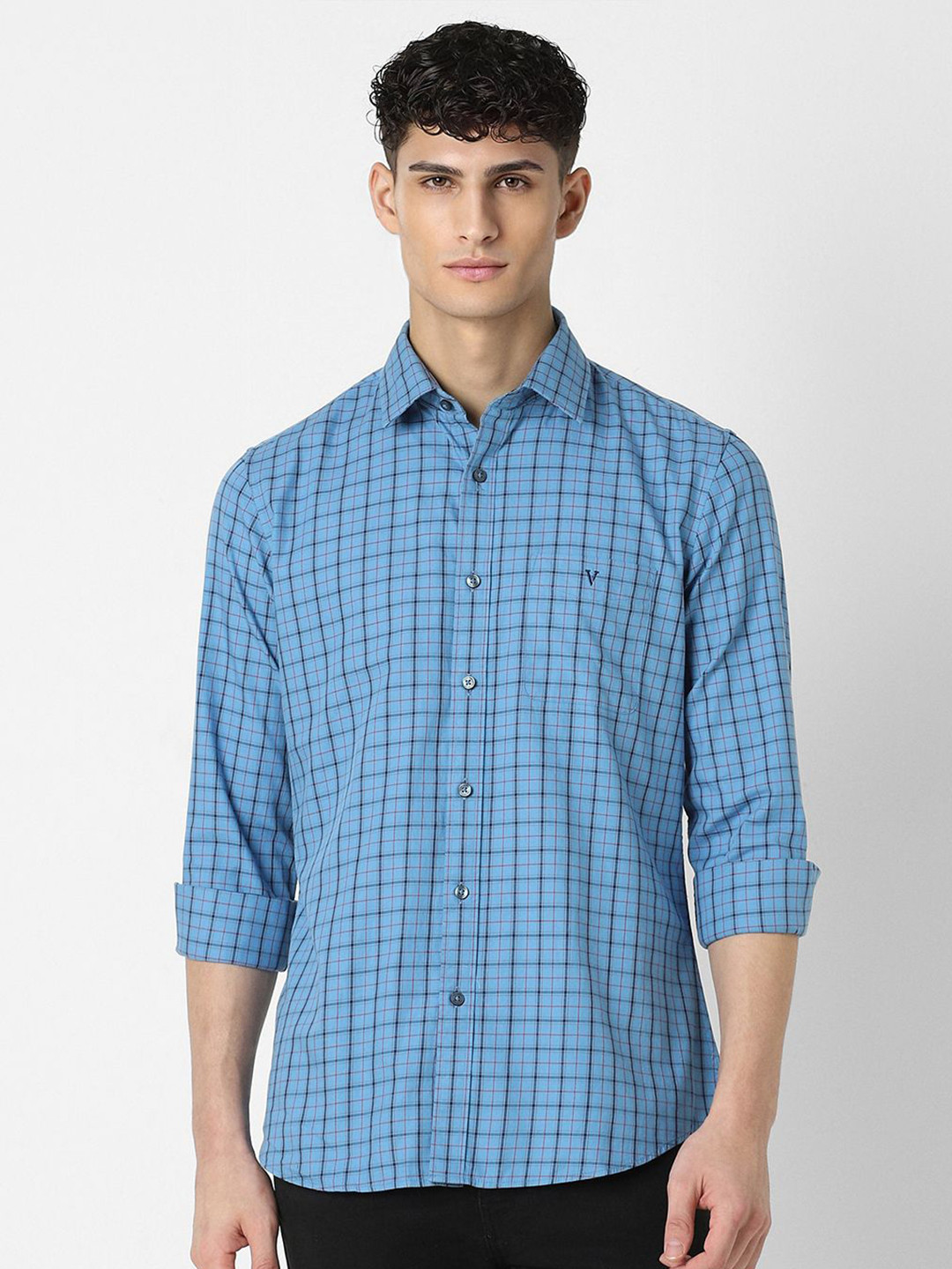 

Van Heusen Sport Men Slim Fit Grid Tattersall Checks Cotton Casual Shirt, Blue