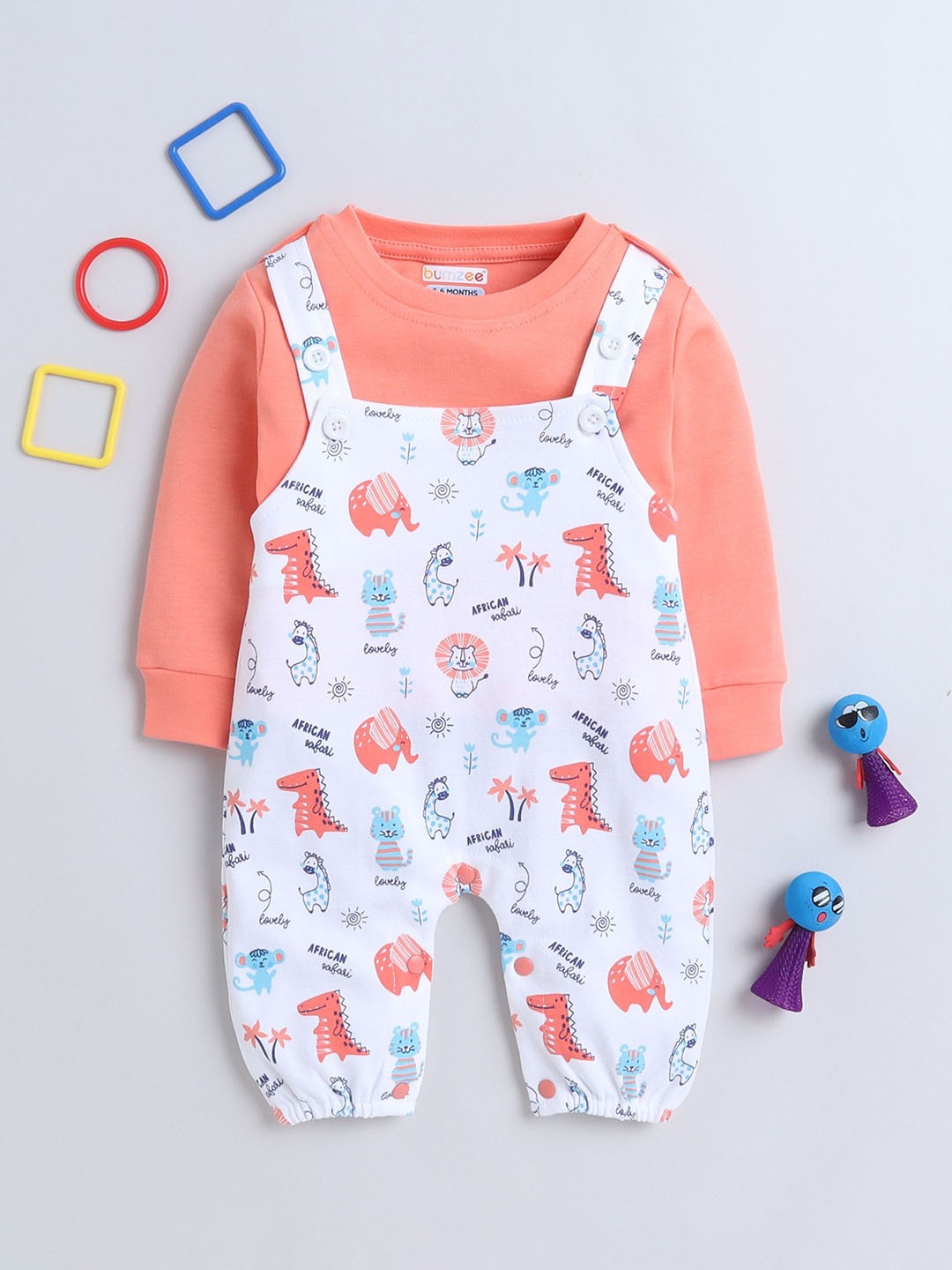 

BUMZEE Girls Graphic Printed Cotton T-Shirt & Dungaree Set, White
