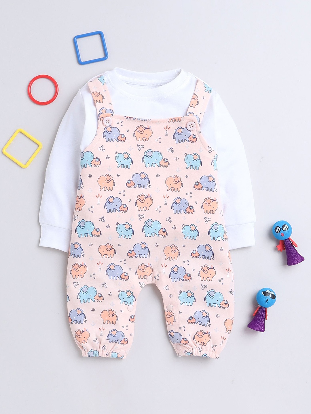 

BUMZEE Girls Graphic Printed Cotton T-Shirt & Dungaree Set, Peach