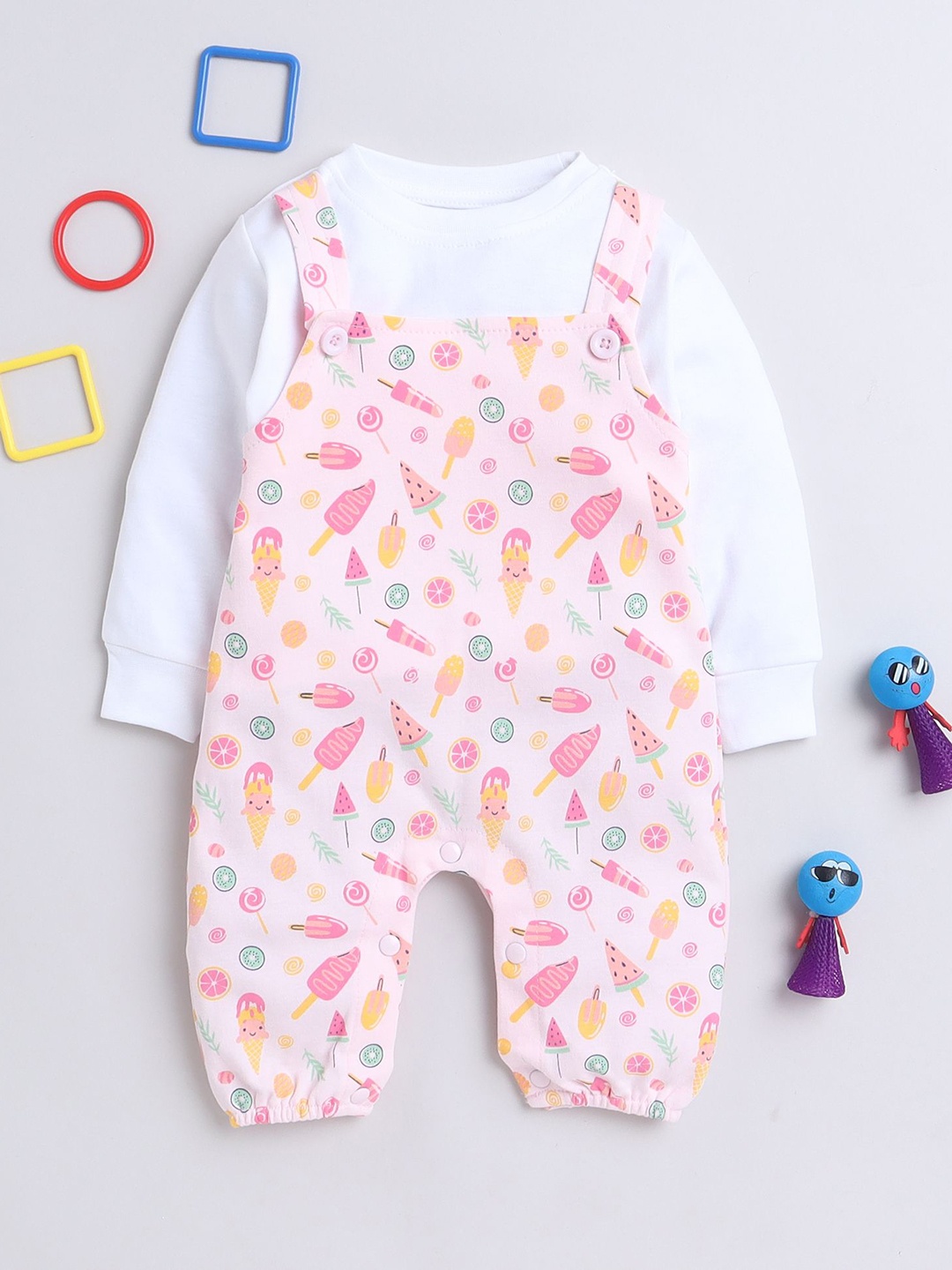 

BUMZEE Girls Conversational Printed Cotton T-shirt with Dungarees, Pink