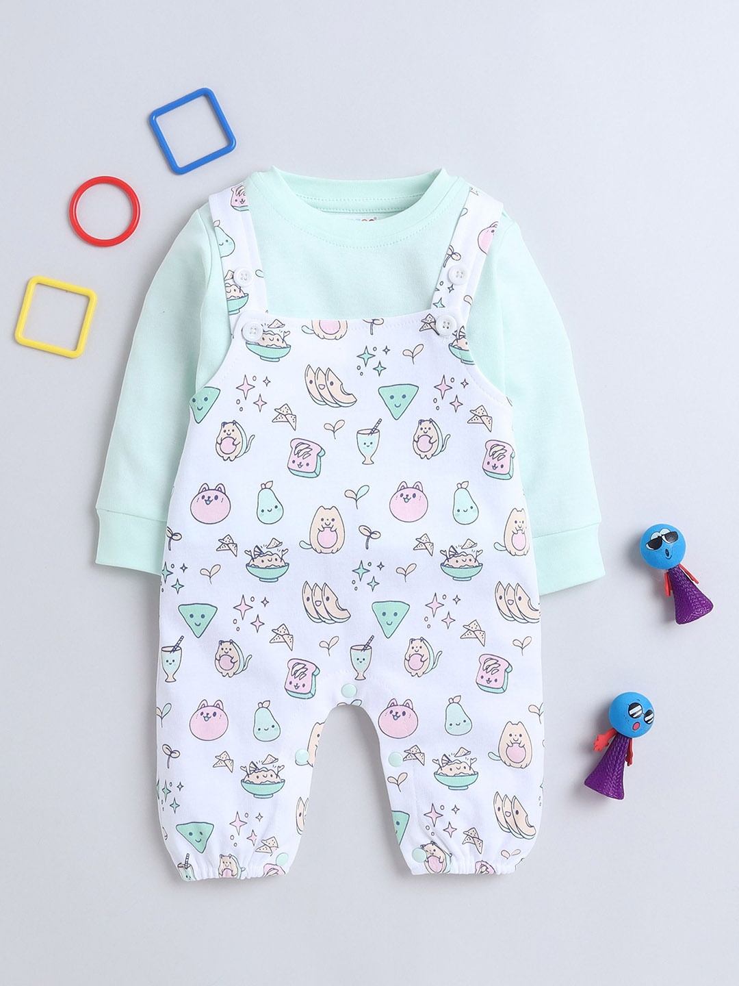 

BUMZEE Girls Cotton T-shirt with Dungarees, Green