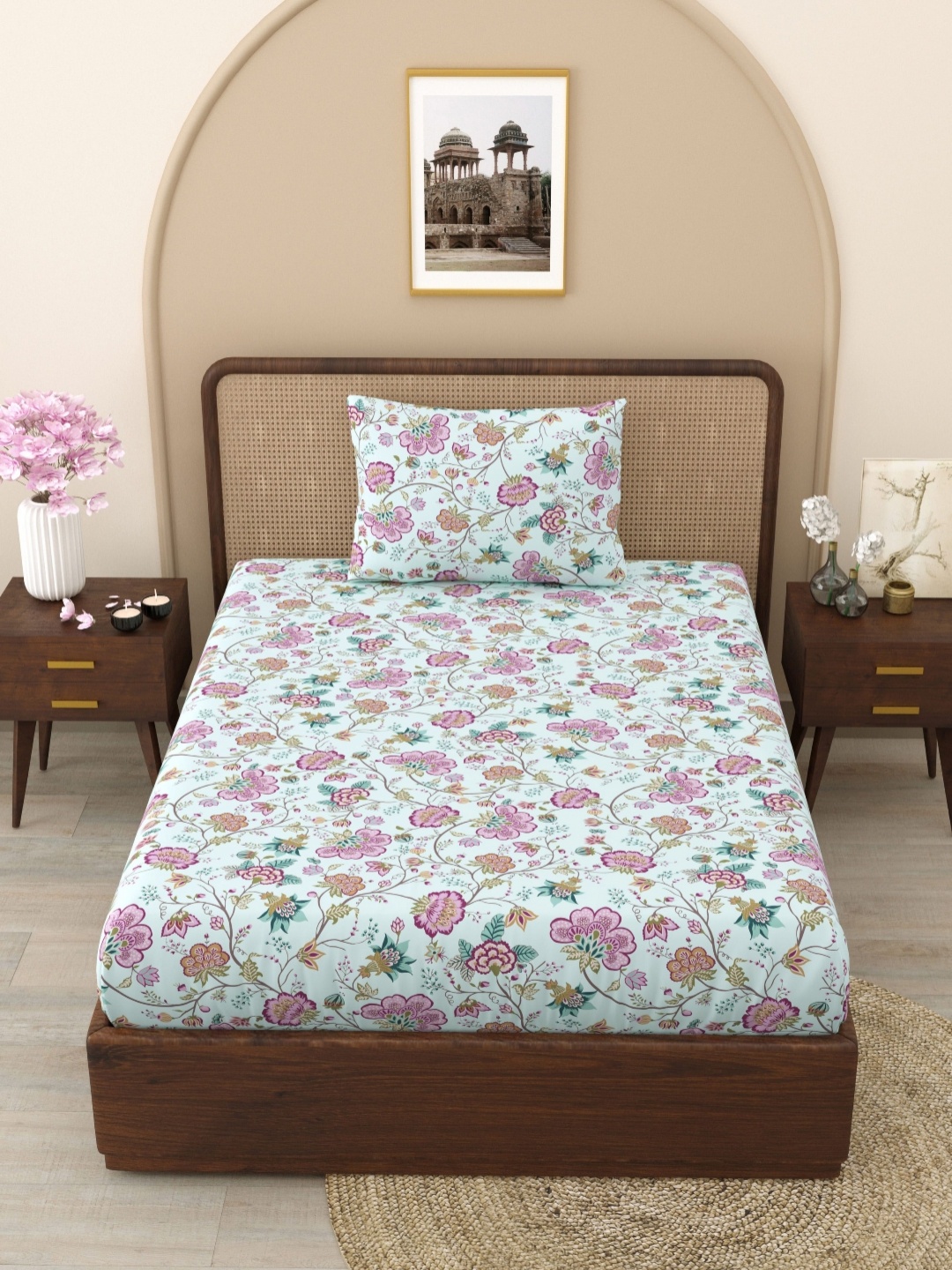 

Ratan Cart White & Pink Printed 130 TC Microfiber Single Bedsheet With 1 Pillow Cover