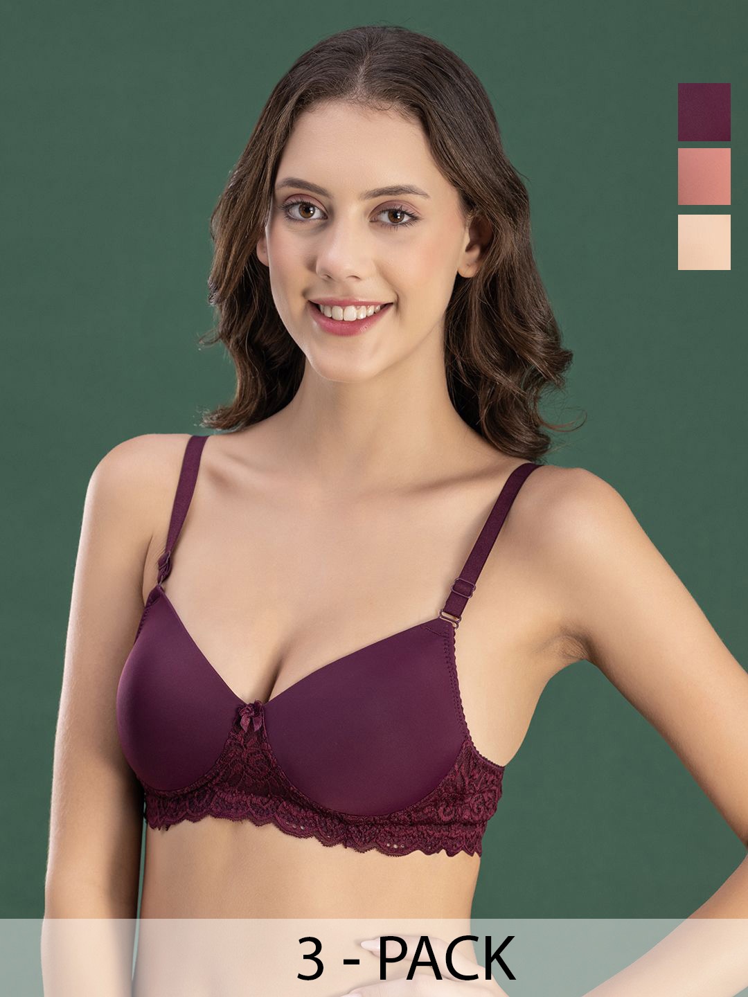 

DressBerry Pack of 3 Lightly Padded Medium Coverage Bra, Peach