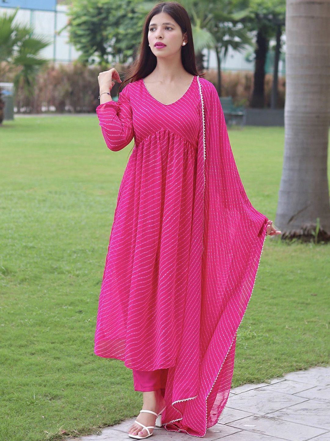 

GoSriKi Leheriya Printed Anarkali Kurta with Trousers & Dupatta, Pink