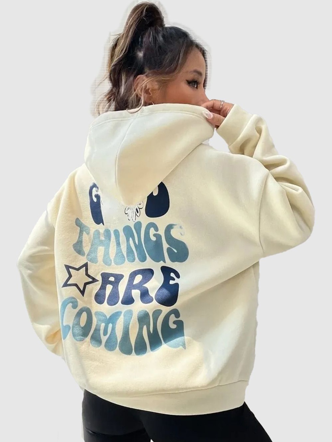 

THALASI Women Printed Hooded Sweatshirt, White