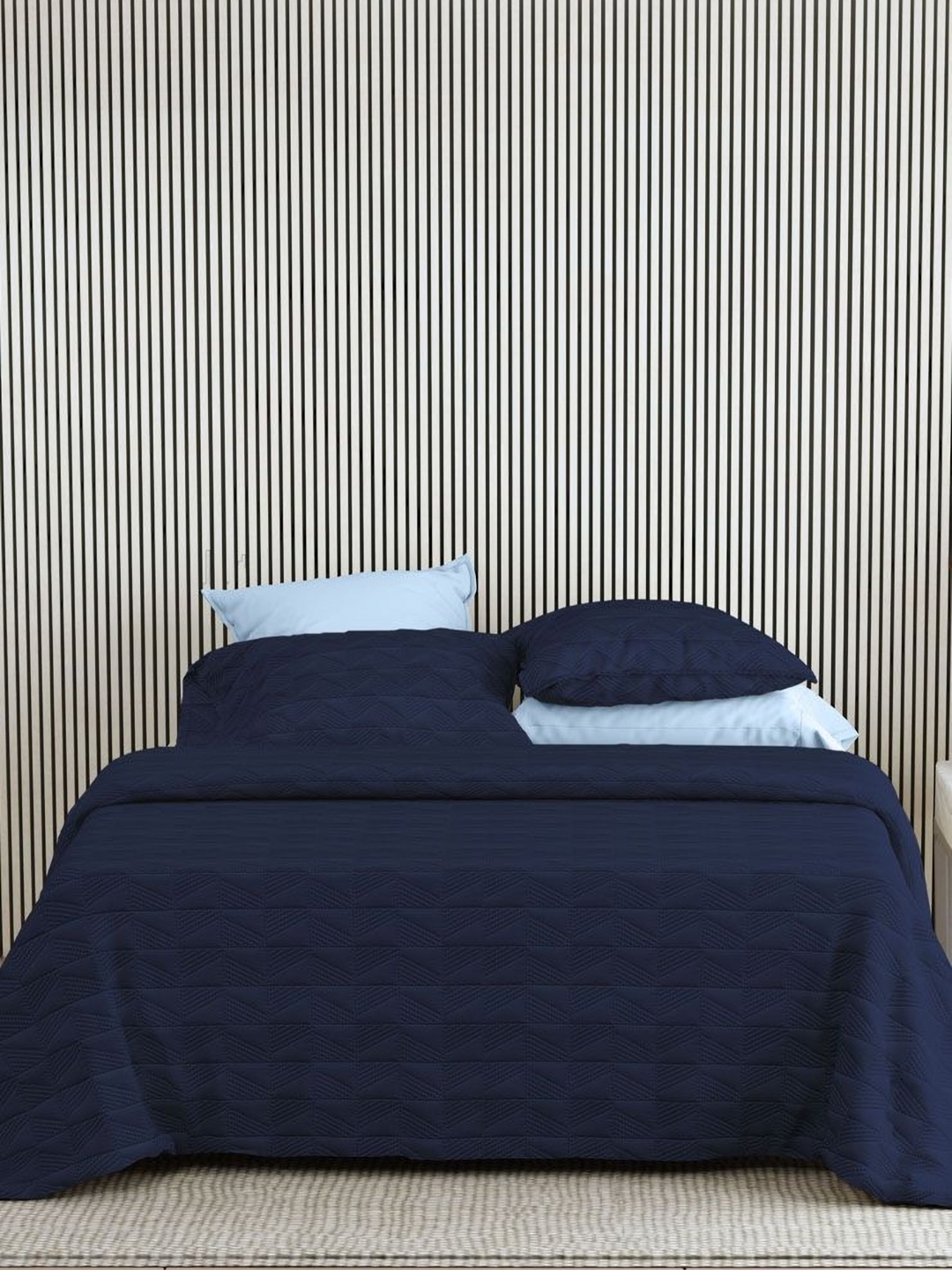 

LABHAM Navy Blue Quilted Double King Bed Cover With 2 Pillow Covers