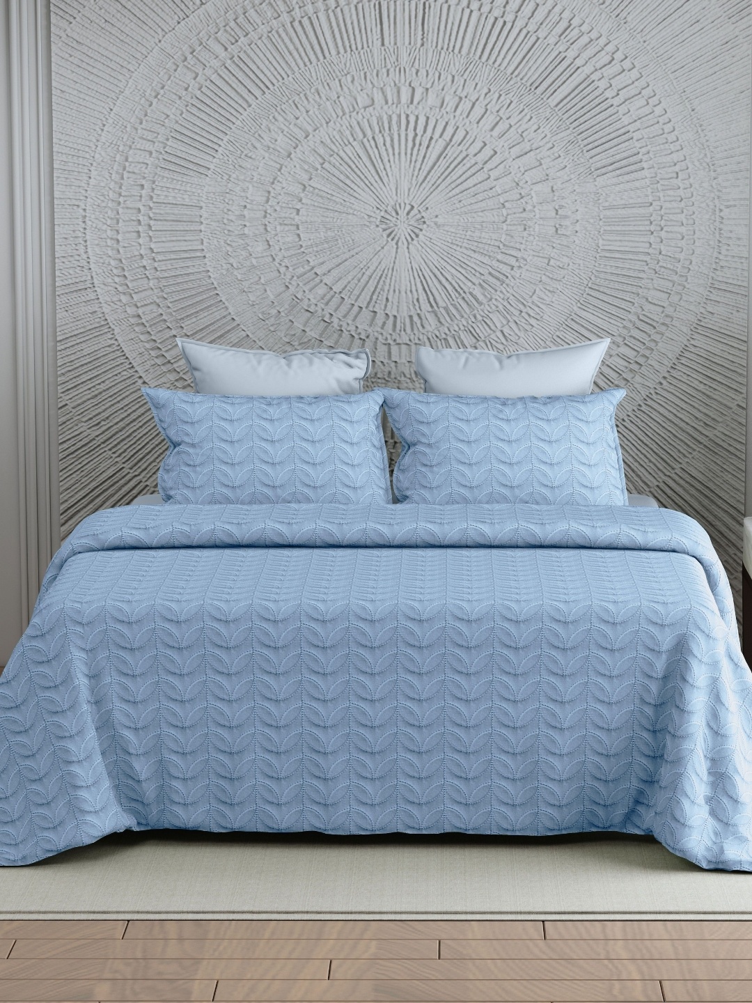 

LABHAM Blue Textured Double King Bed Cover With 2 Pillow Covers