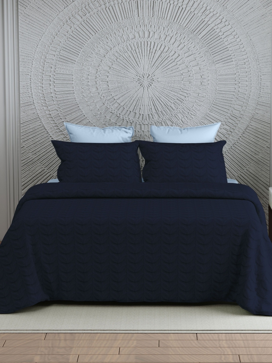 

LABHAM Navy Blue Quilted Double King Bed Cover With 2 Pillow Covers