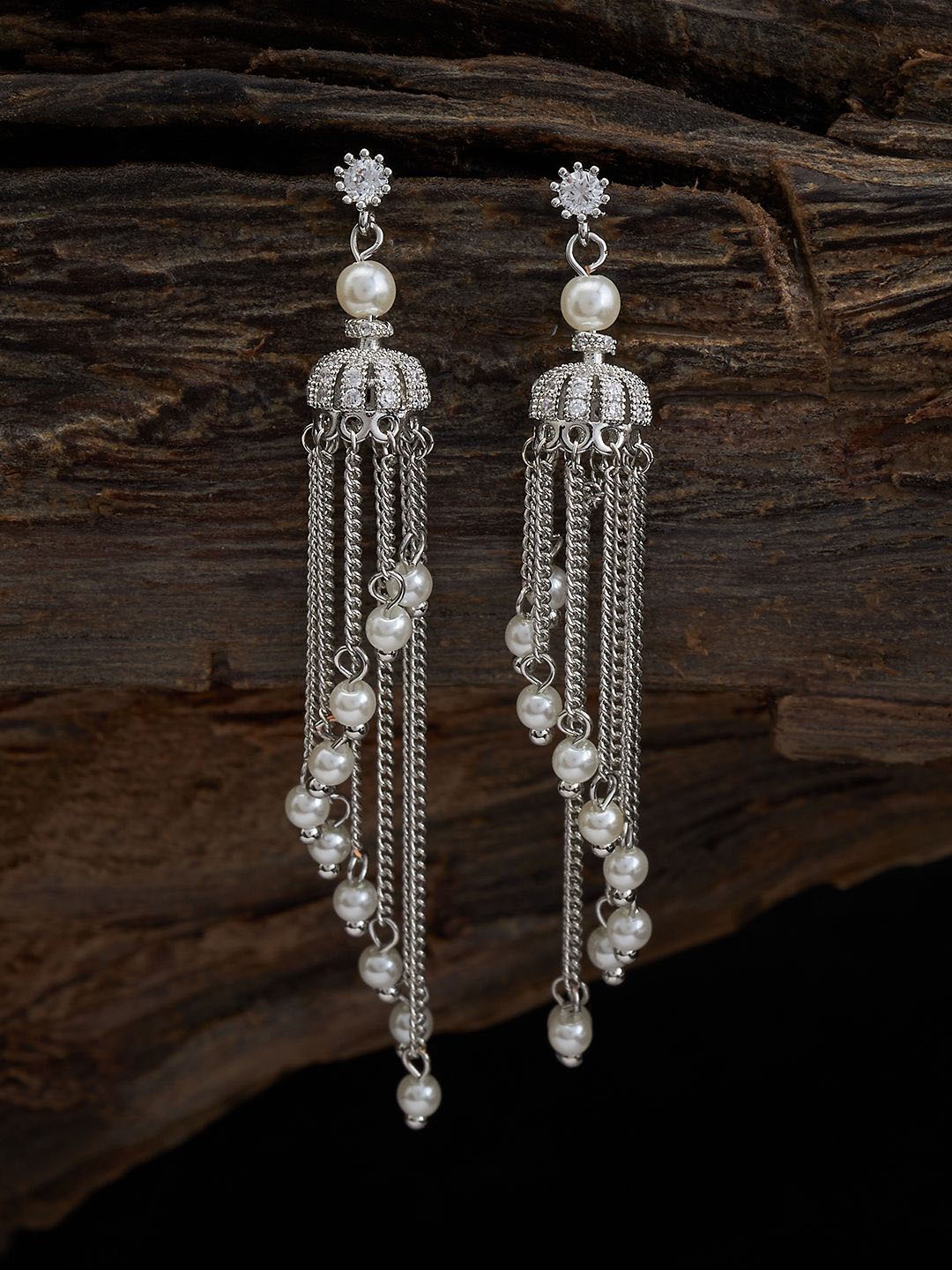 

Kushal's Fashion Jewellery Rhodium-Plated Cubic Zirconia-Studded & Pearl Drop Earrings, White