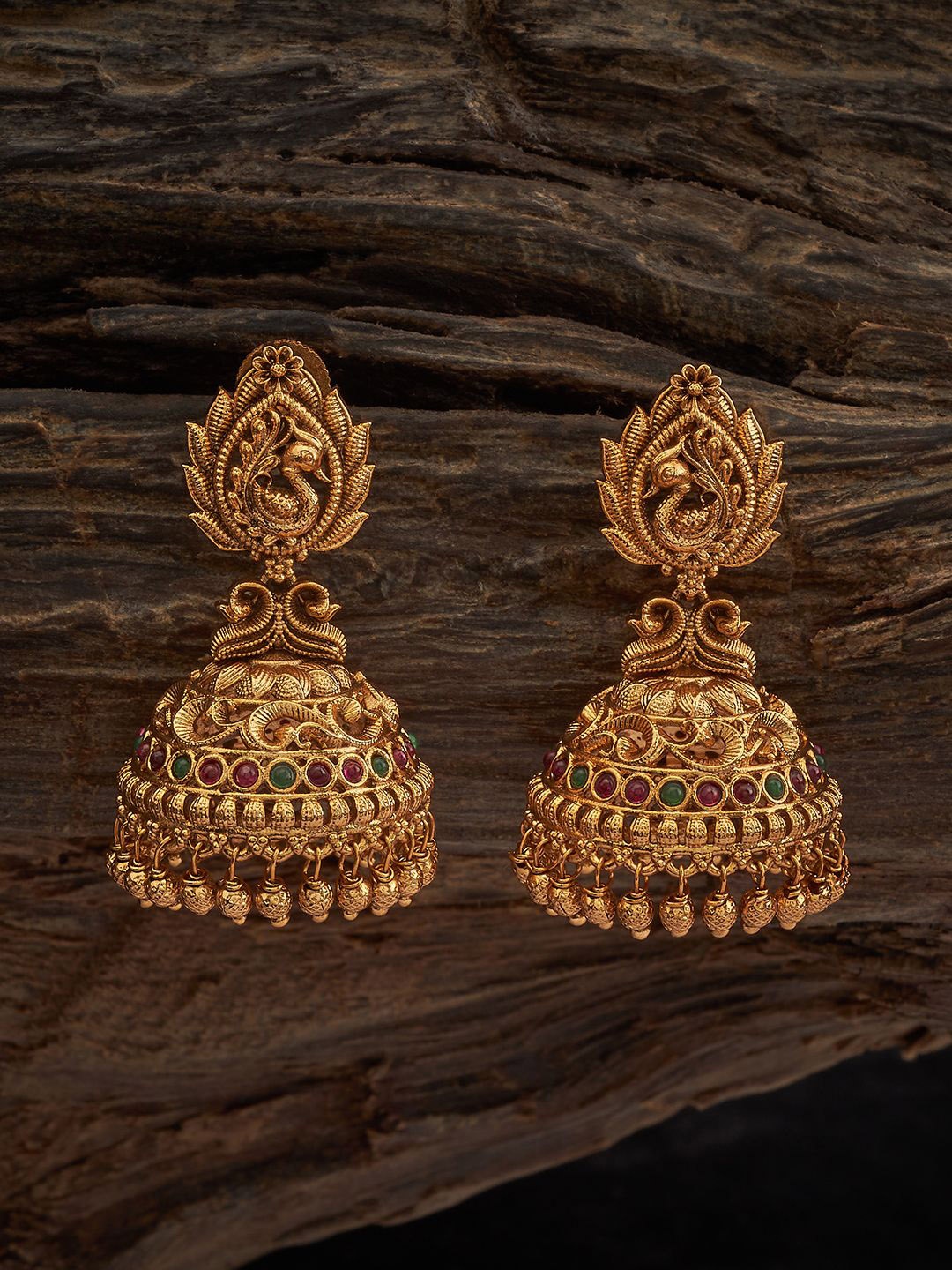 

Kushal's Fashion Jewellery Gold-Plated Stone-Studded Dome Shaped Jhumkas