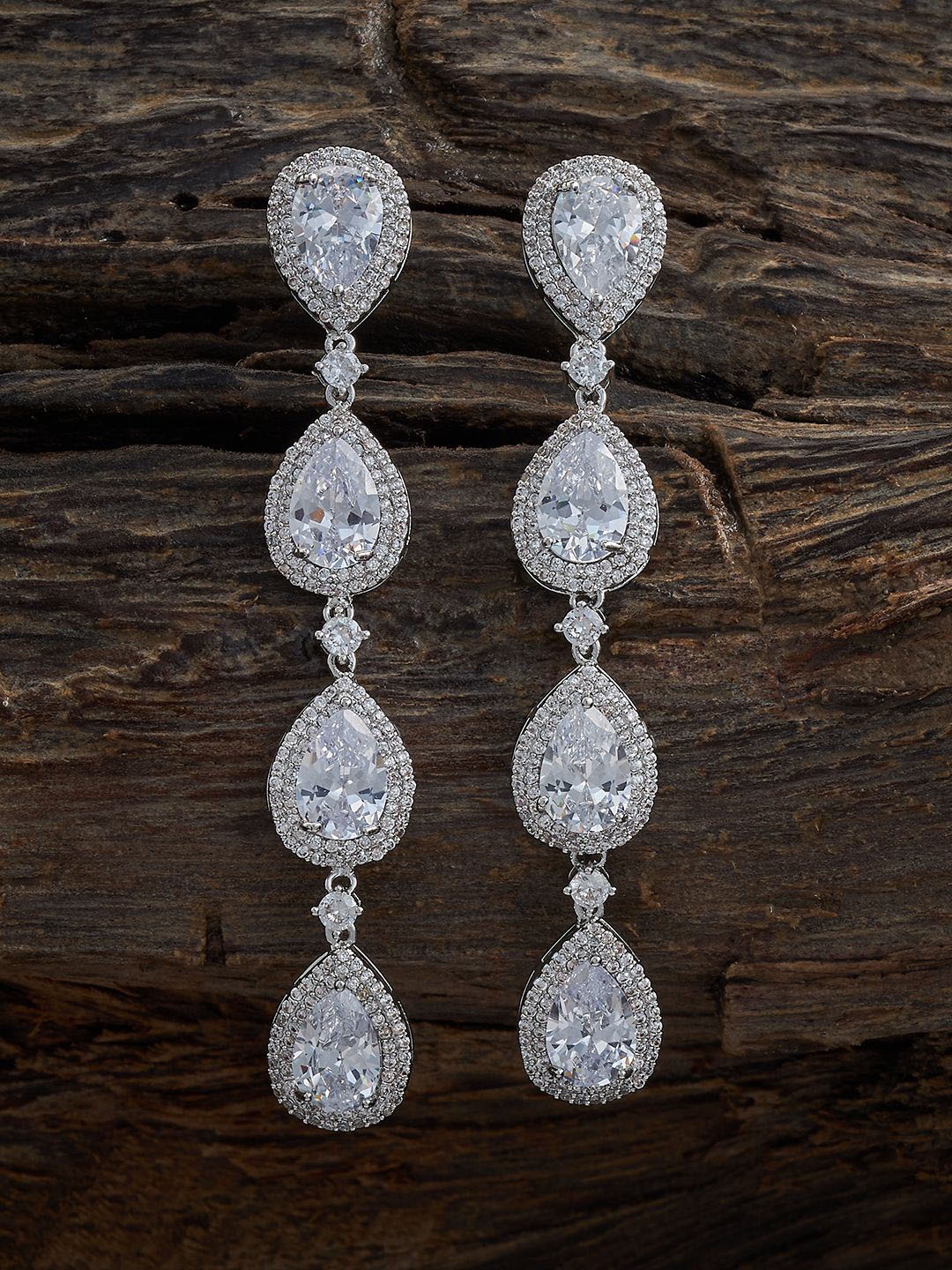 

Kushal's Fashion Jewellery Rhodium-Plated CZ Stone Studded Teardrop Shaped Drop Earrings, Silver