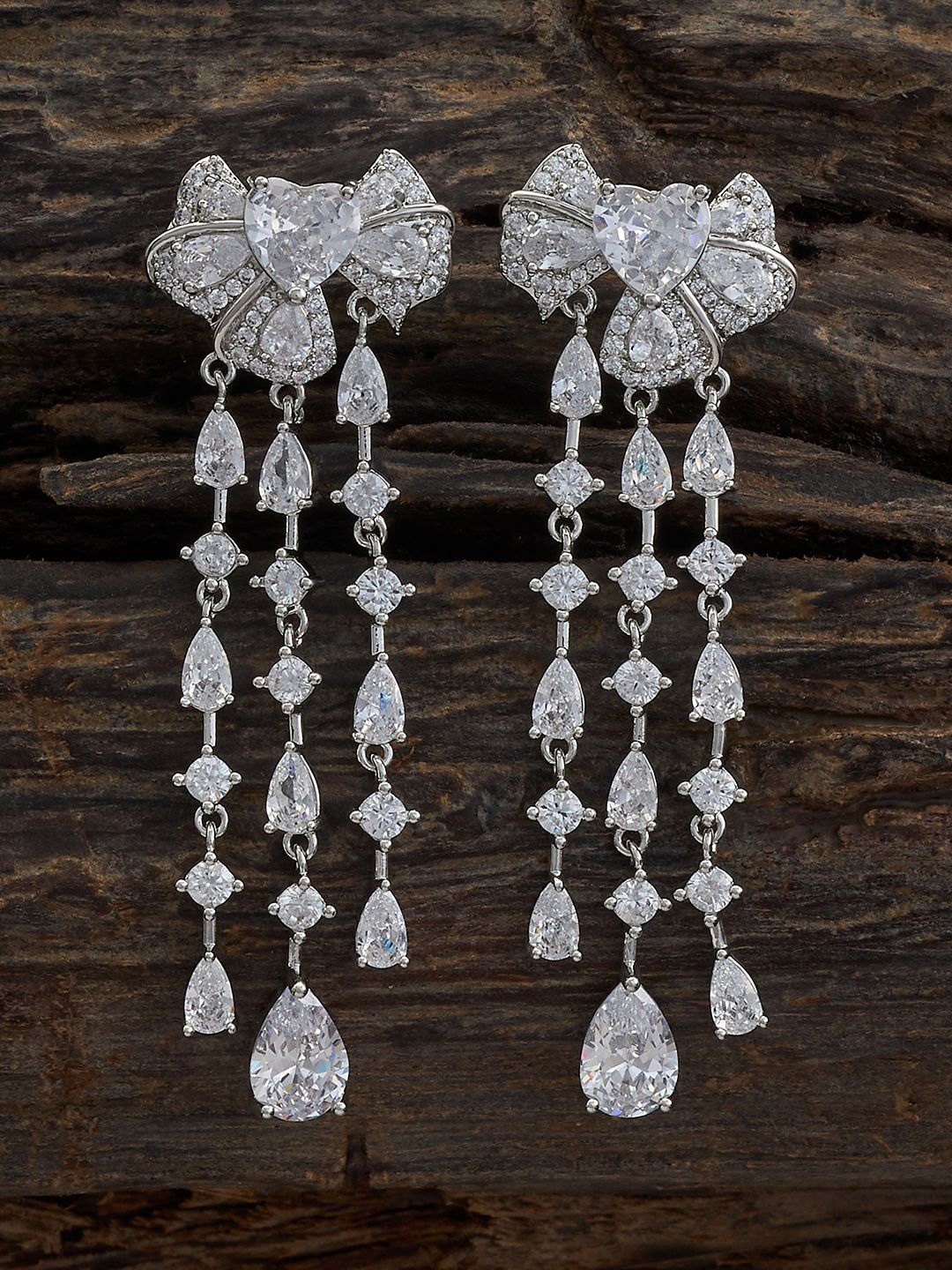 

Kushal's Fashion Jewellery Rhodium-Plated CZ Stone Studded Teardrop Shaped Drop Earrings, Silver