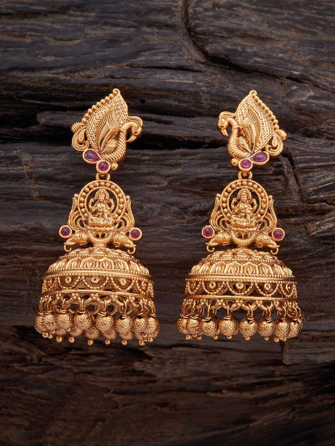 

Kushal's Fashion Jewellery Gold Plated Stone Studded Dome Shaped Antique Jhumkas