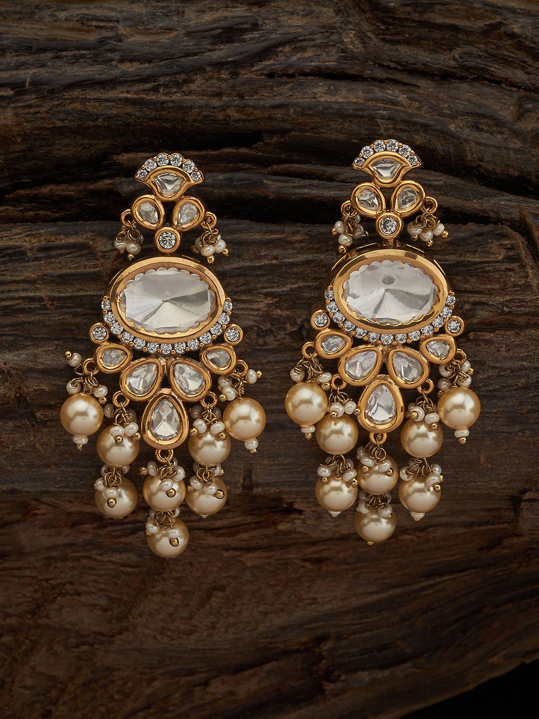 

Kushal's Fashion Jewellery Kundan-Studded & Beaded Contemporary Drop Earrings, Gold
