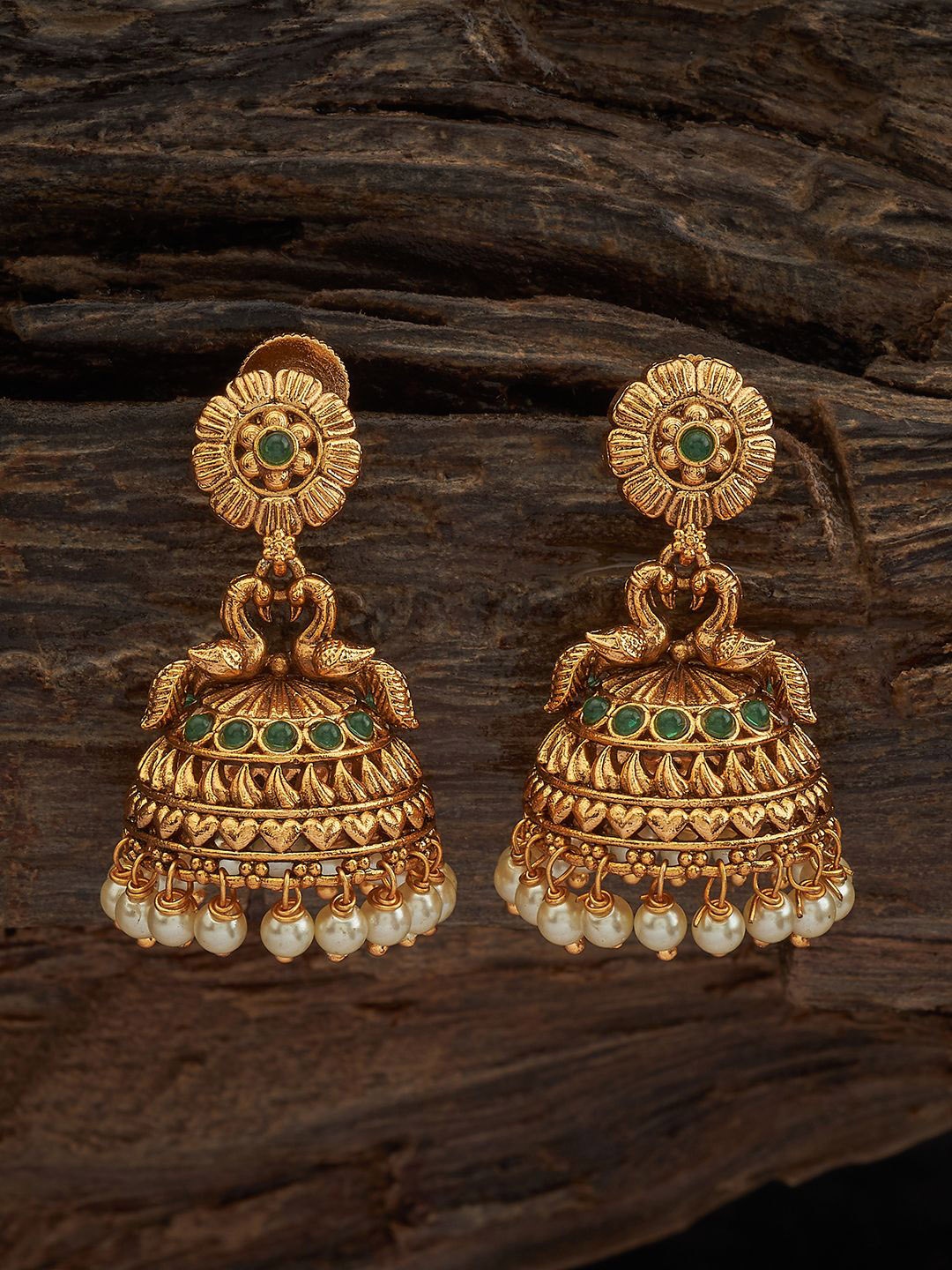 

Kushal's Fashion Jewellery Gold-Plated Stone-Studded & Beaded Classic Jhumkas