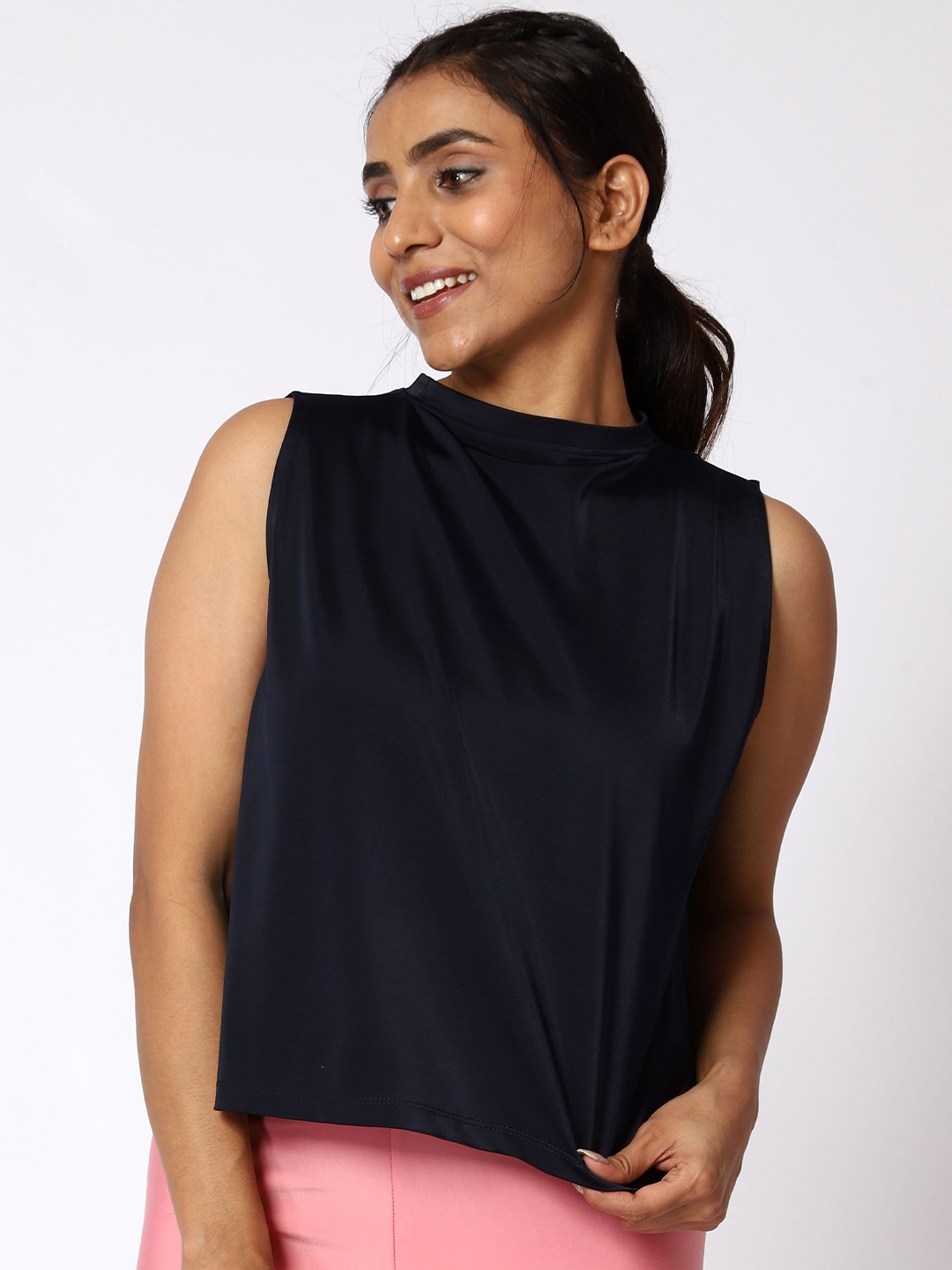 

PANDORNA Solid Boat Neck Top, Navy blue