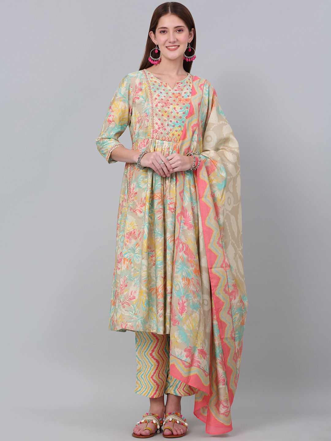 

Cantabil Floral Printed Pleated Thread Work A-Line Kurta With Palazzos & Dupatta, Blue