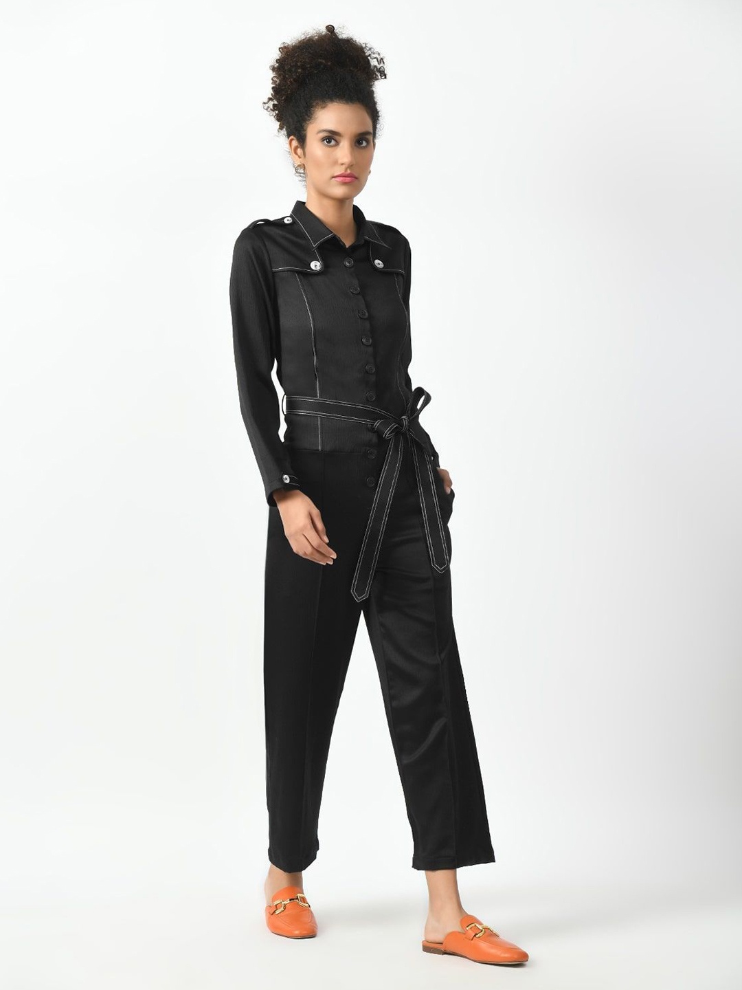 

OFFICE & YOU Shirt Collar Basic Jumpsuit, Black