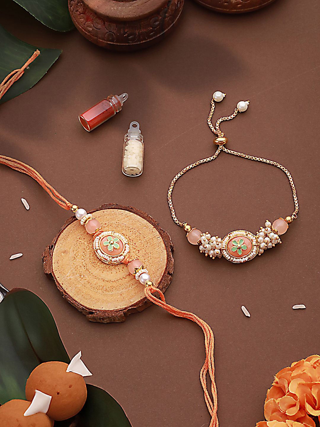 

Jazz and Sizzle Beaded Bhaiya Bhabhi Rakhi With Roli & Chawal, Peach
