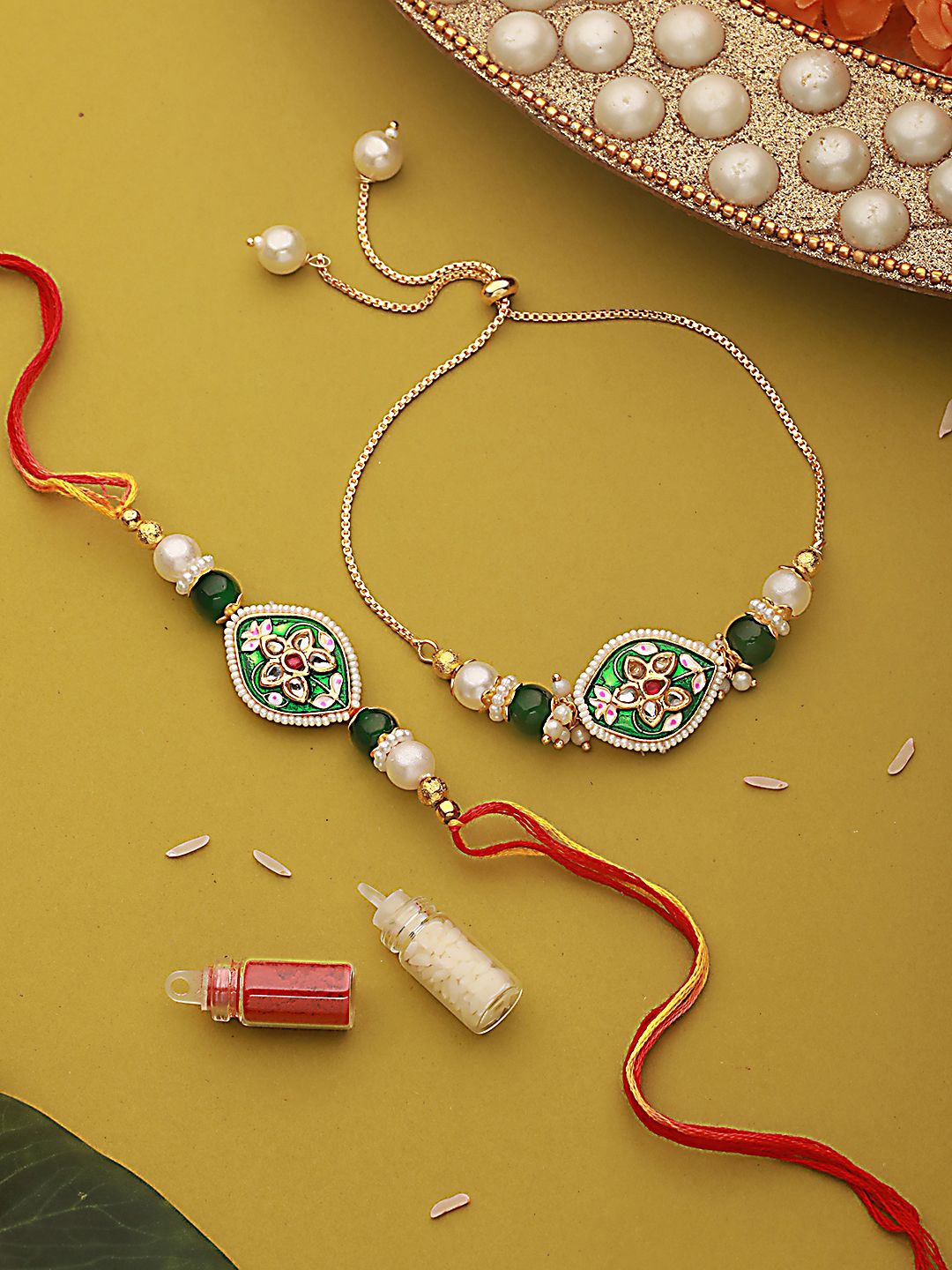 

Jazz and Sizzle Kundan Studded & Pearl Beaded Meenakari Bhaiya Bhabhi Chain Rakhi With Roli & Chawal, Green