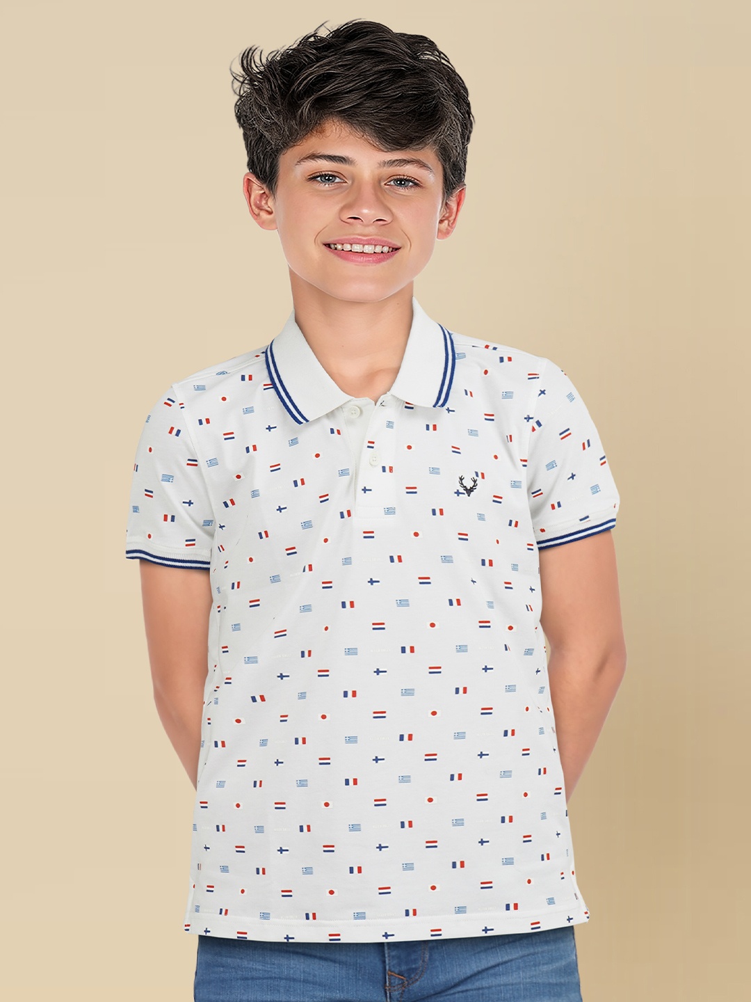 

Allen Solly Junior Boys Geometric Printed Polo Collar T-shirt, White