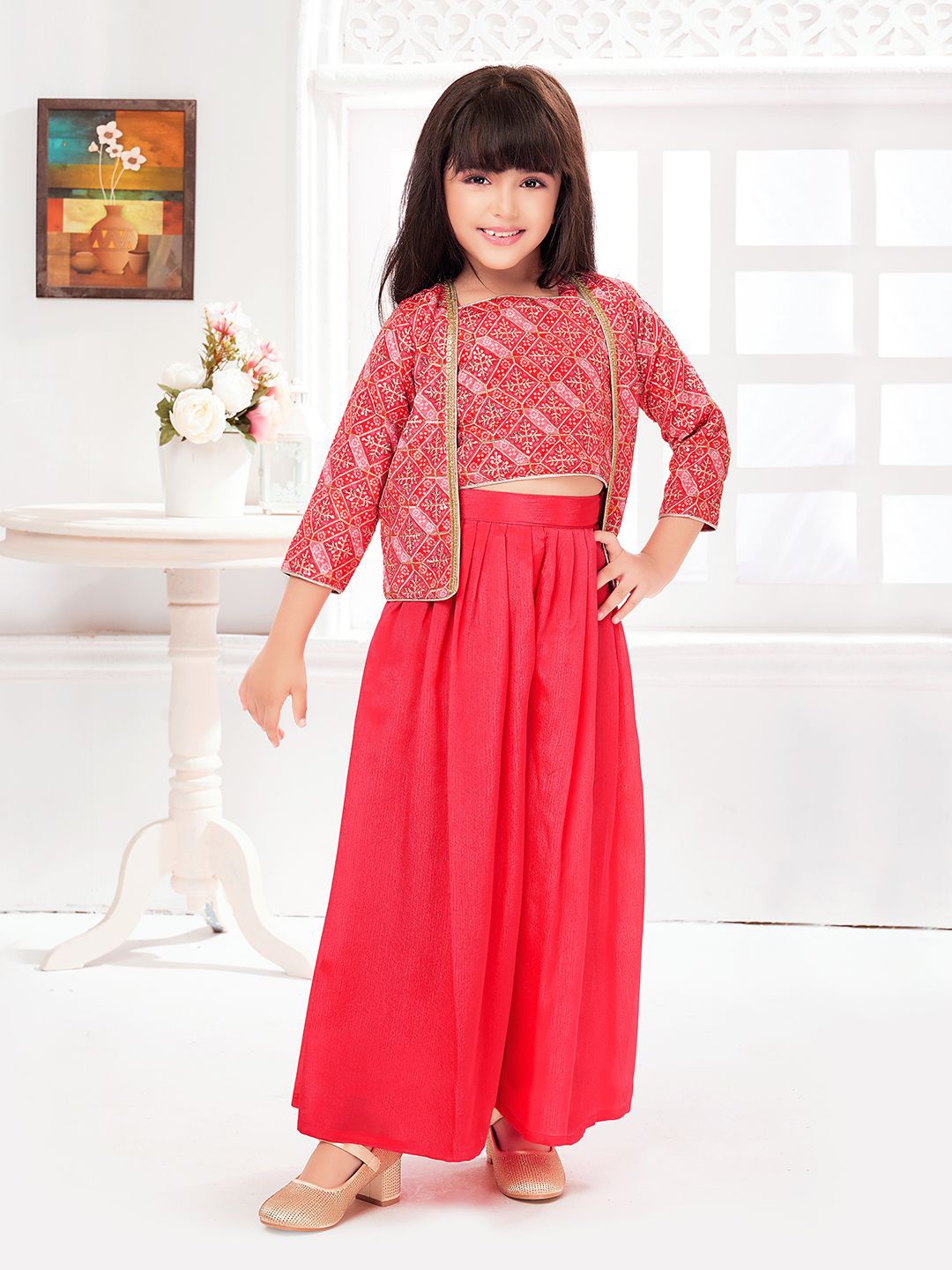 

Tiny Kingdom Girls Embroidered Square Neck Top with Palazzo & Jacket, Red