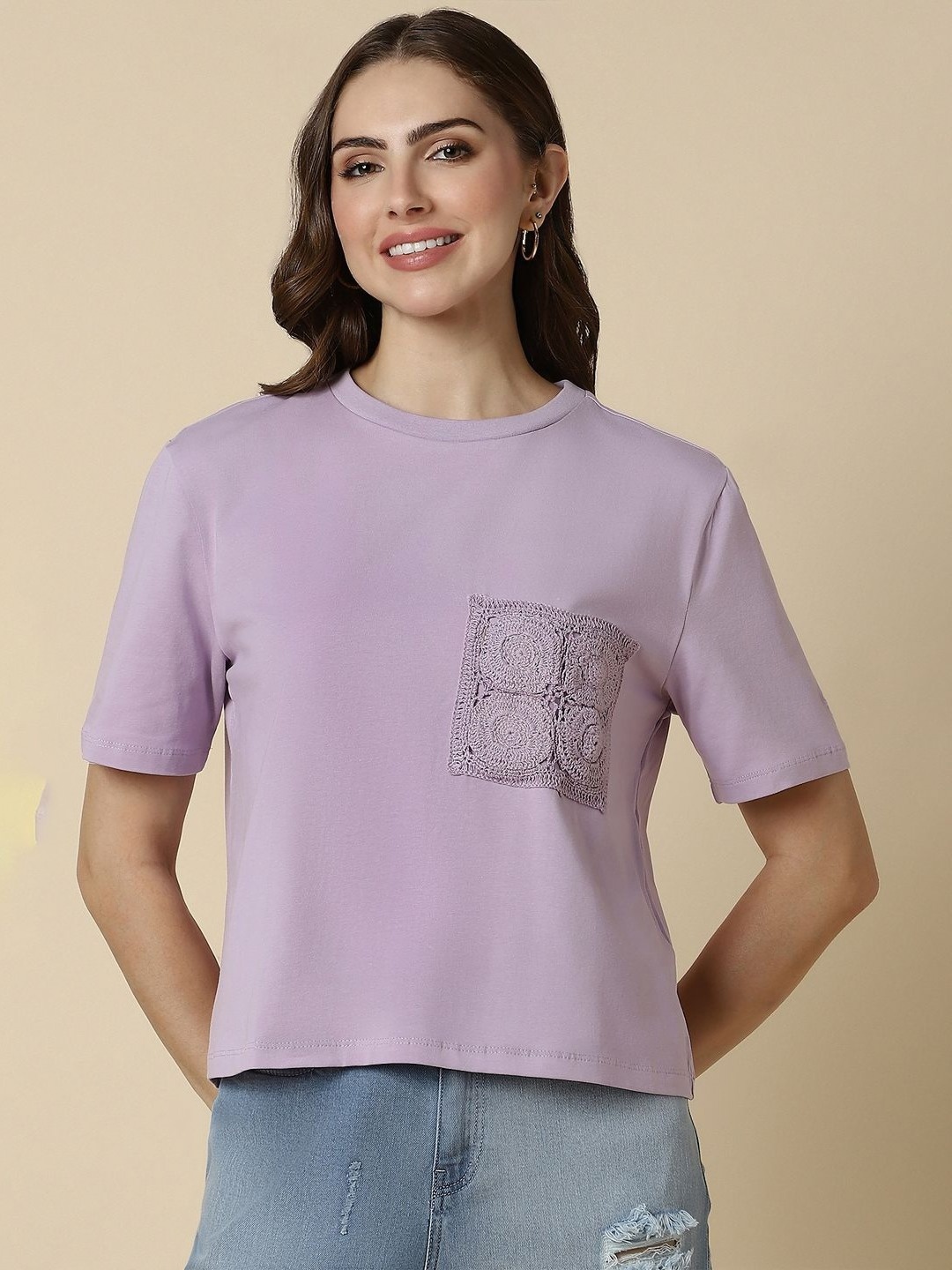 

Allen Solly Woman Solid Round Neck T-shirt, Purple