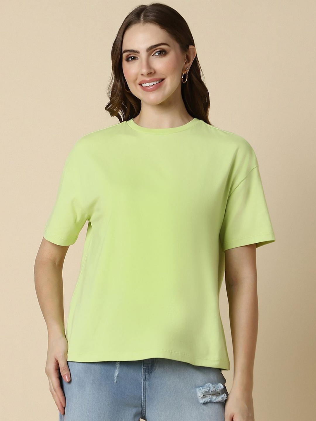 

Allen Solly Woman Women V-Neck Drop-Shoulder Sleeves Cut Outs T-shirt, Green