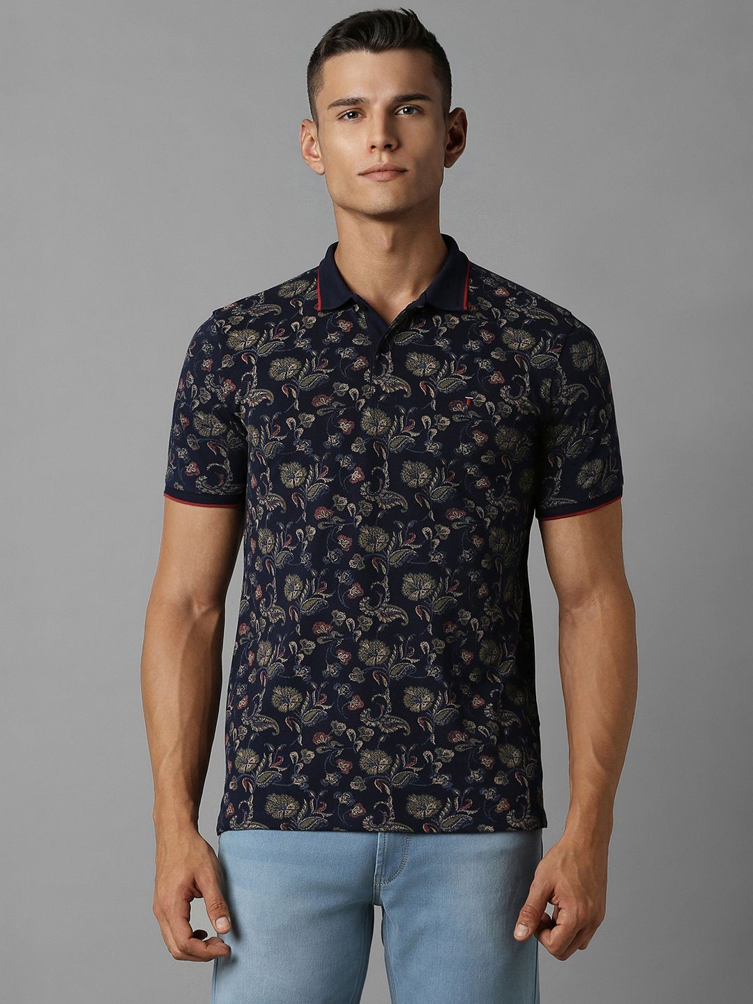 

Louis Philippe Jeans Men Typography Printed Polo Collar Pockets Slim Fit T-shirt, Navy blue