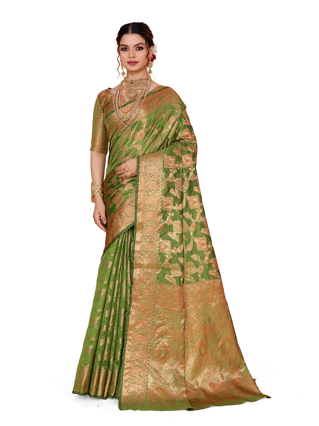 

AKSH FASHION Woven Design Zari Saree, Lime green