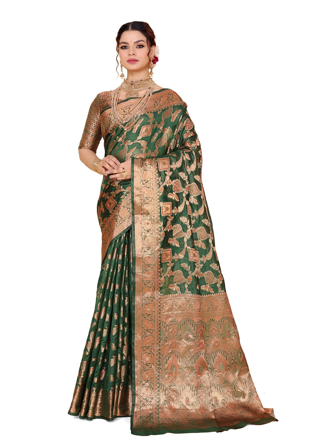 

AKSH FASHION Ethnic Motif Zari Woven Banarasi Saree, Green