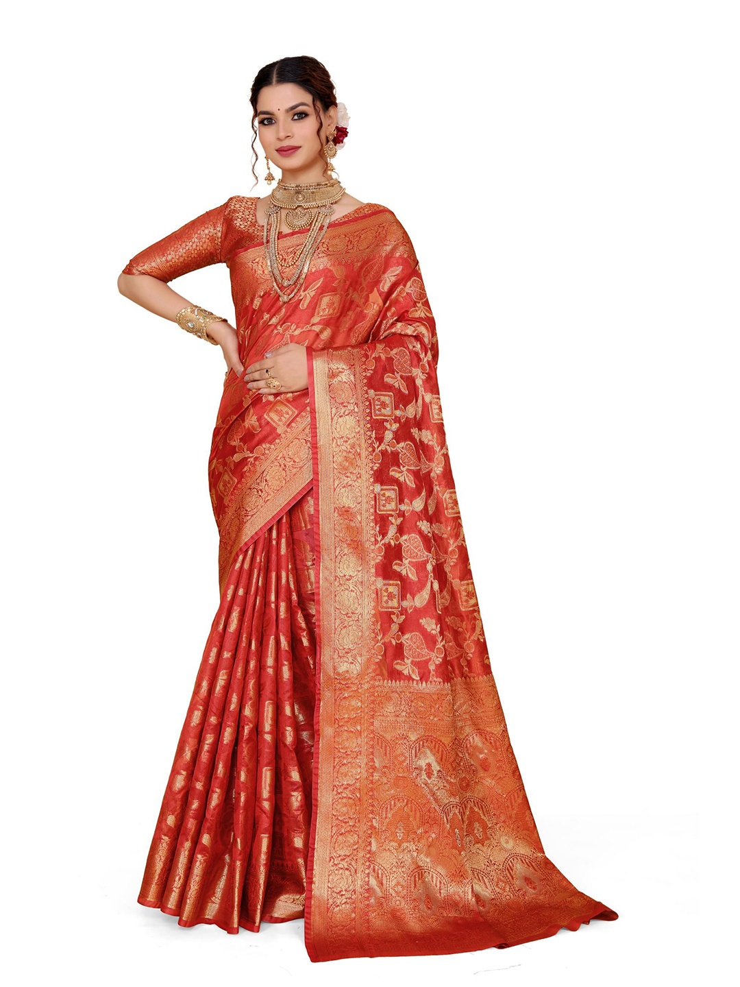 

AKSH FASHION Woven Design Zari Banarasi Saree, Red