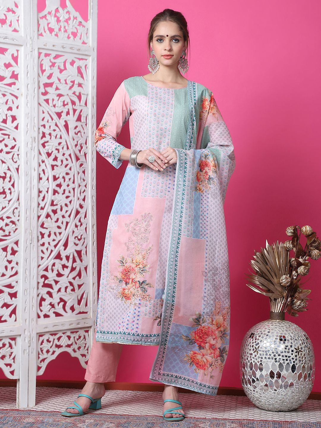 

Stylee LIFESTYLE Floral Printed Unstitched Dress Material, Pink