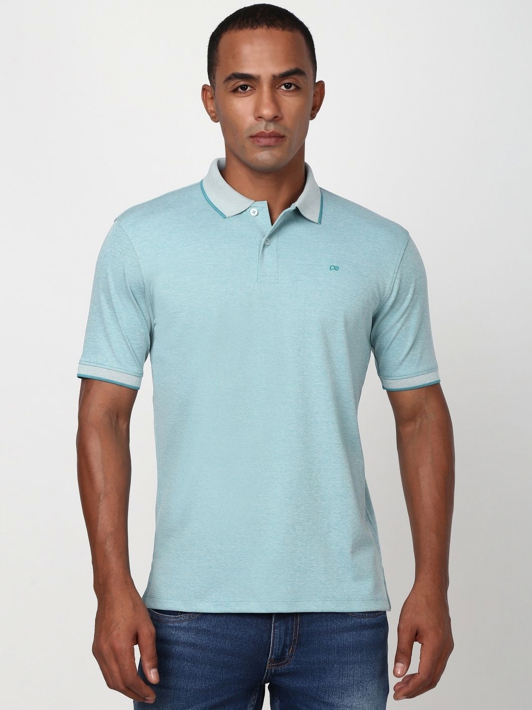

Peter England Men Polka Dot Polo Collar Cut Outs T-shirt, Blue