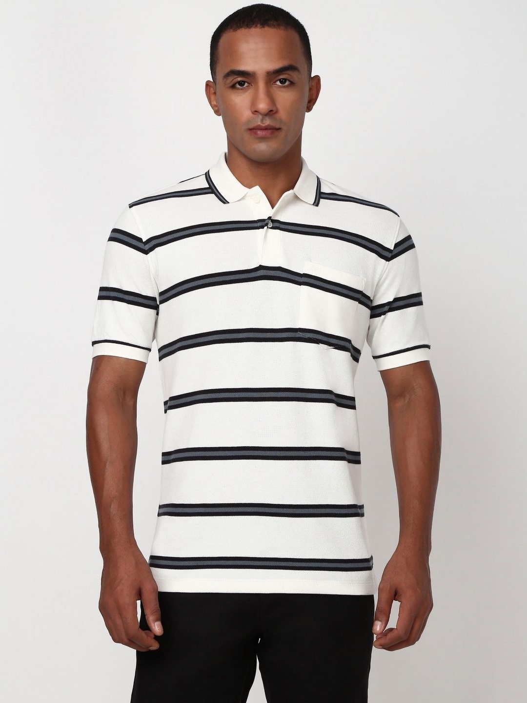 

Peter England Men Striped Polo Collar Monochrome Pockets T-shirt, White