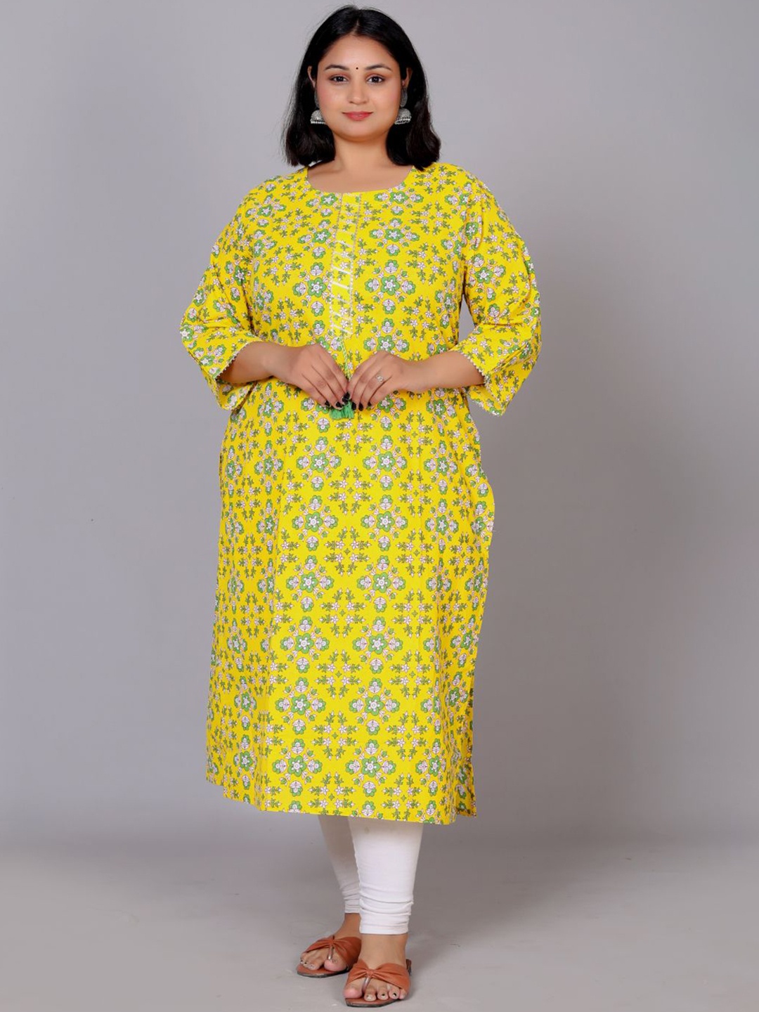 JC4U Plus Size Floral Printed Gotta Patti Straight Kurta, Yellow